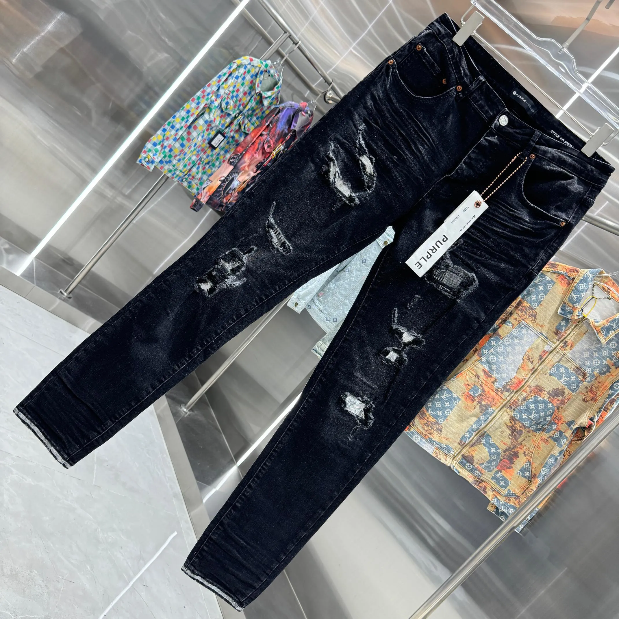 🅿️310 Purple Brand patched hole frayed street fashion slim fit stretch jeans color black code number 30 32 34 36 38