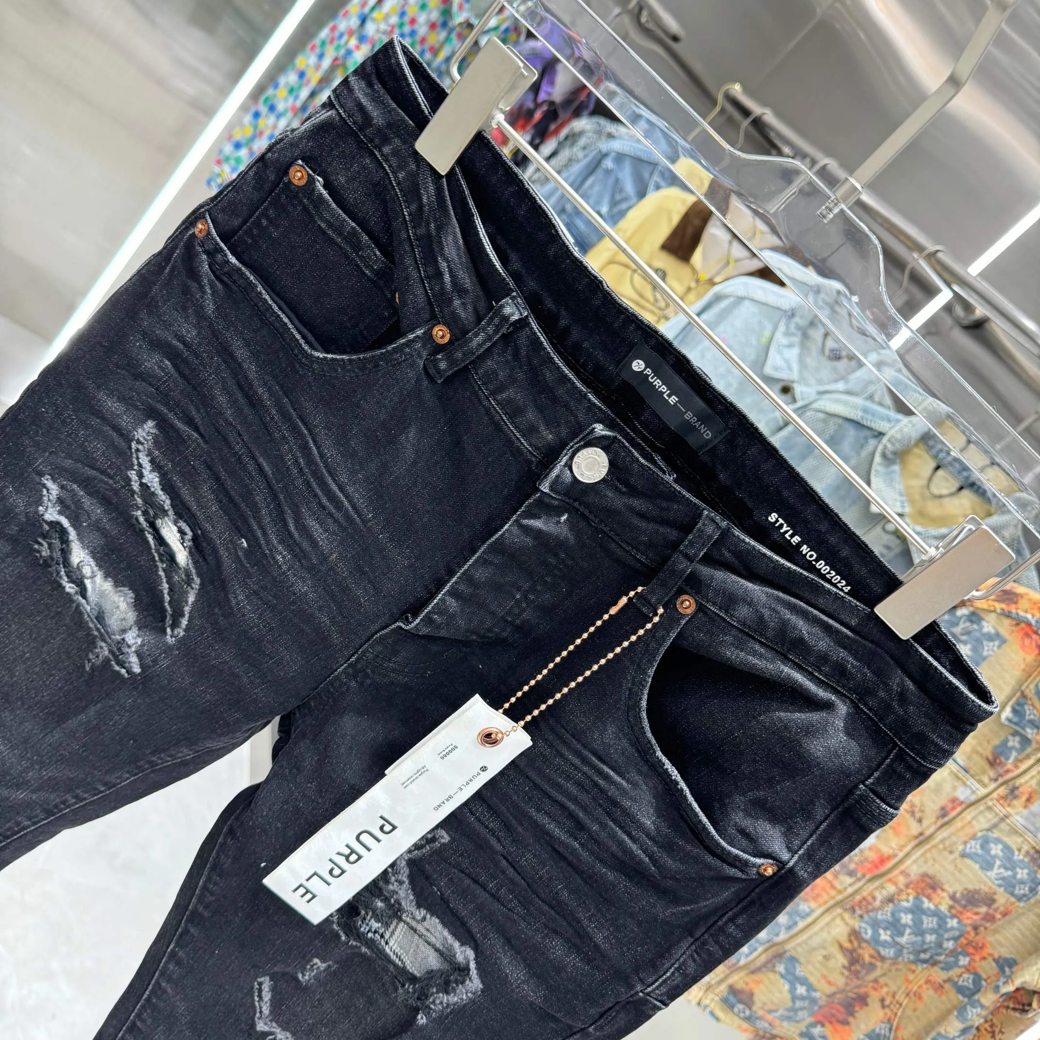 🅿️310 Purple Brand patched hole frayed street fashion slim fit stretch jeans color black code number 30 32 34 36 38