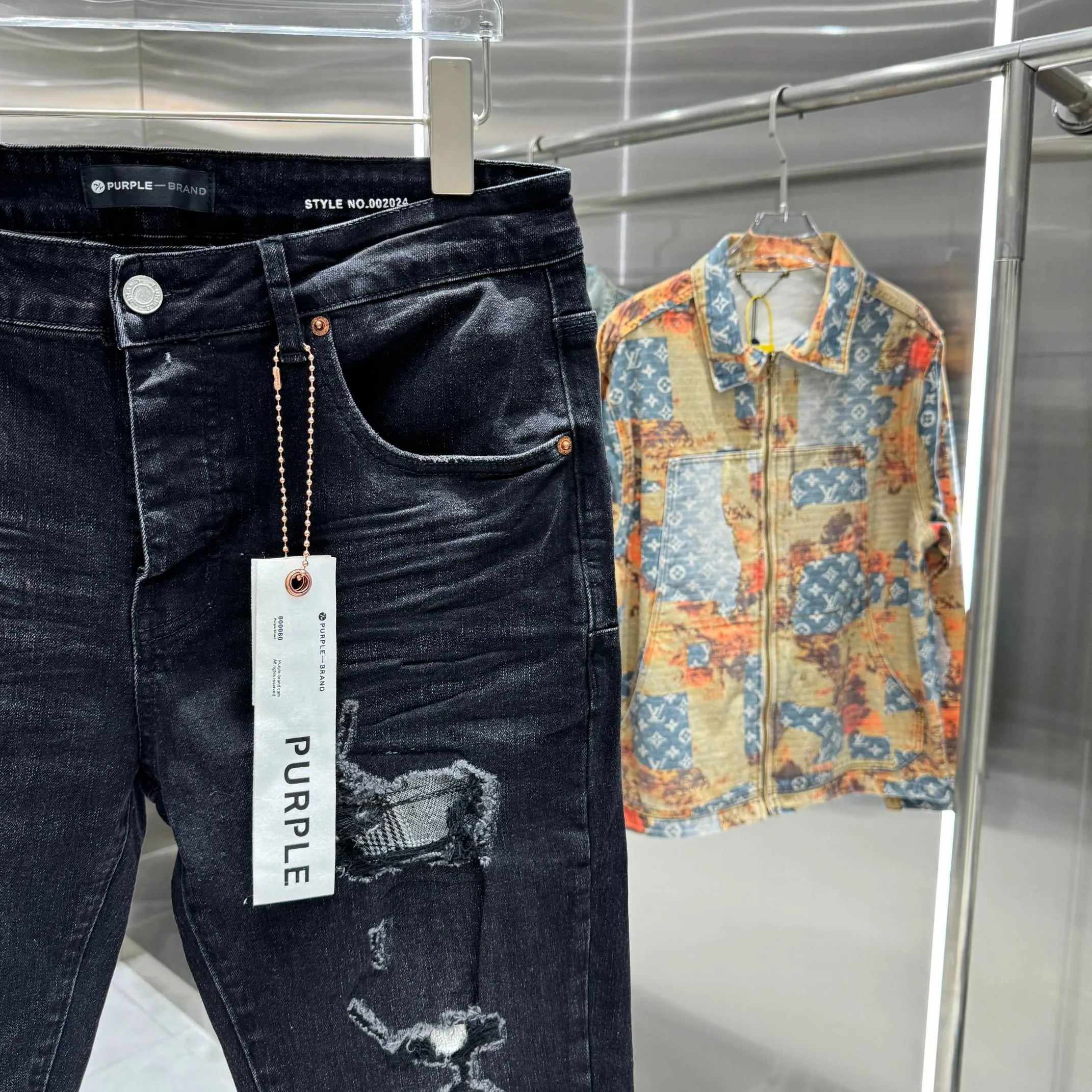 🅿️310 Purple Brand patched hole frayed street fashion slim fit stretch jeans color black code number 30 32 34 36 38
