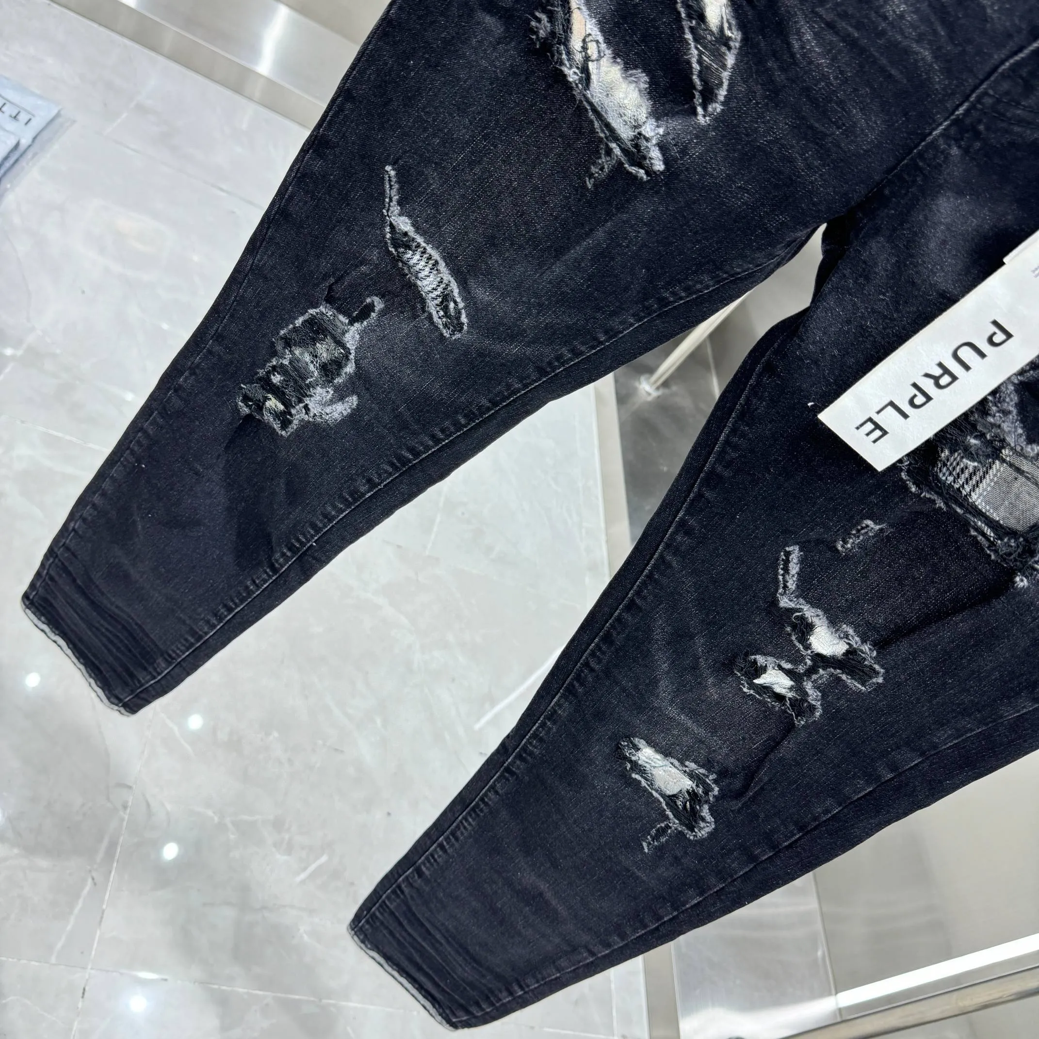 🅿️310 Purple Brand patched hole frayed street fashion slim fit stretch jeans color black code number 30 32 34 36 38