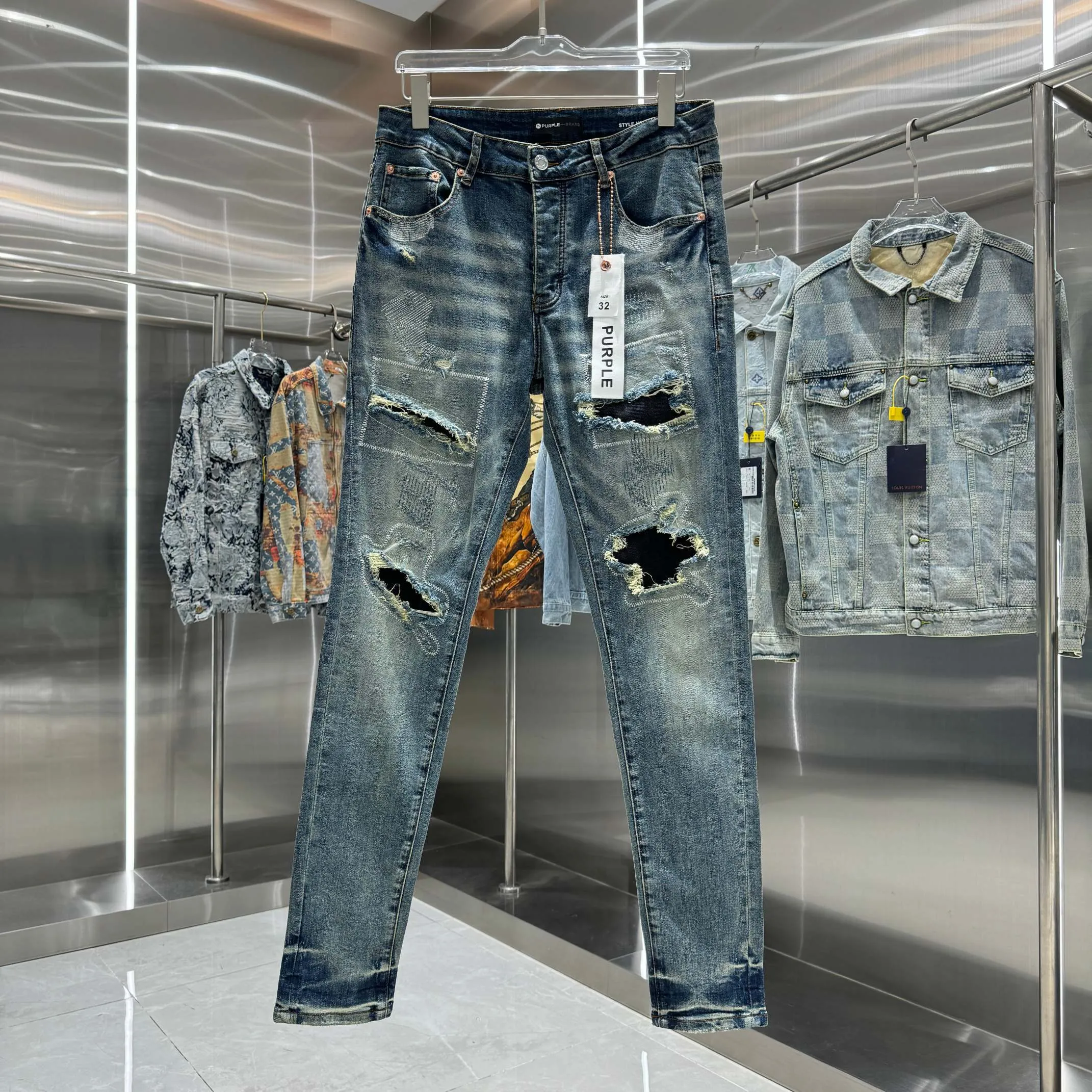 🅿️310 Purple Brand ripped embroidery factory street fashion slim fit stretch jeans color blue code number 30 32 34 36 38