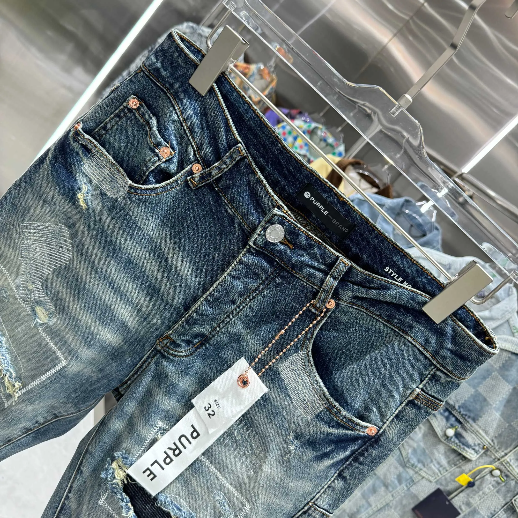 🅿️310 Purple Brand ripped embroidery factory street fashion slim fit stretch jeans color blue code number 30 32 34 36 38