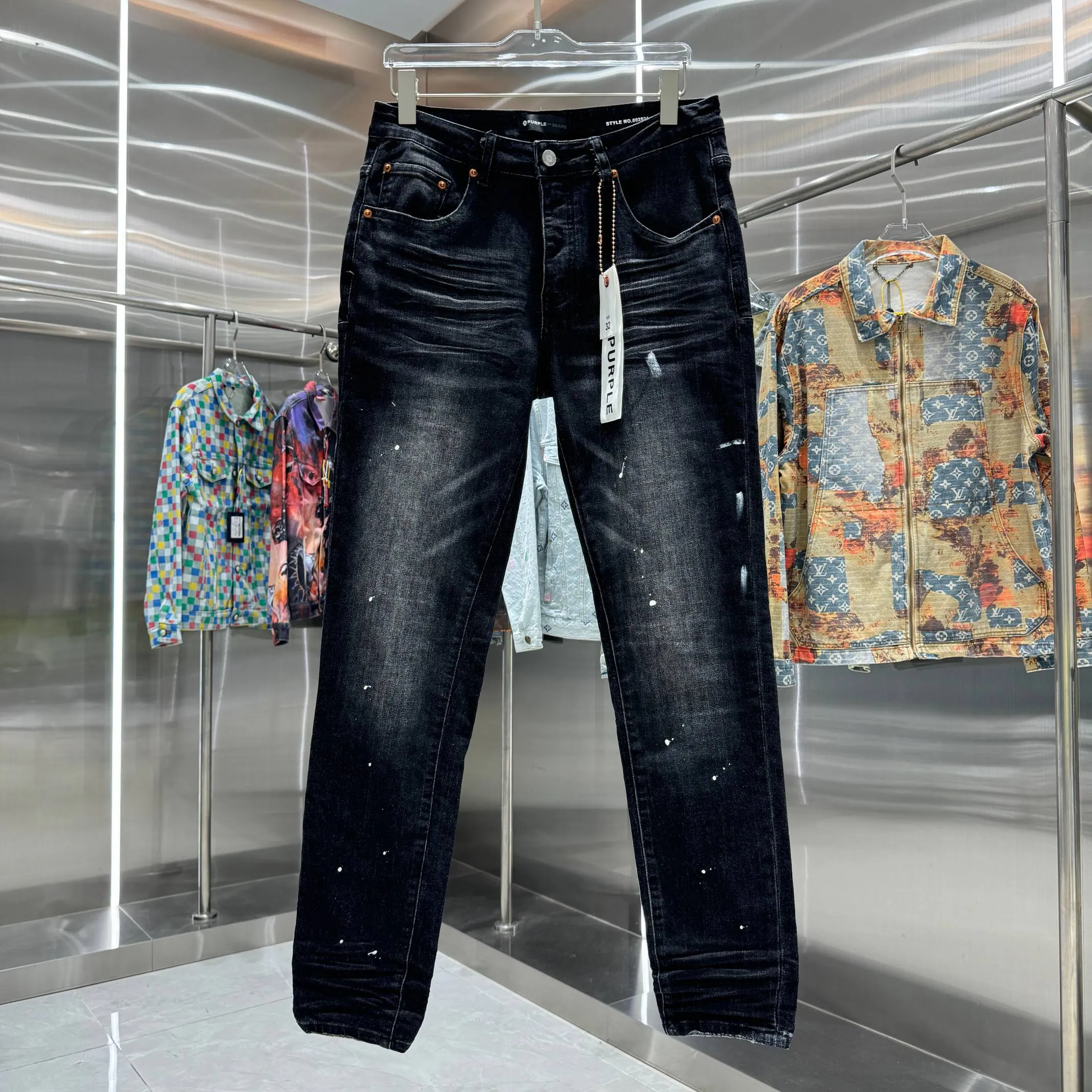 🅿️310 Purple Brand Graffiti Craft Street Trend Slim Fit Small Foot Stretch Jeans Color Black Size 30 32 34 36 38
