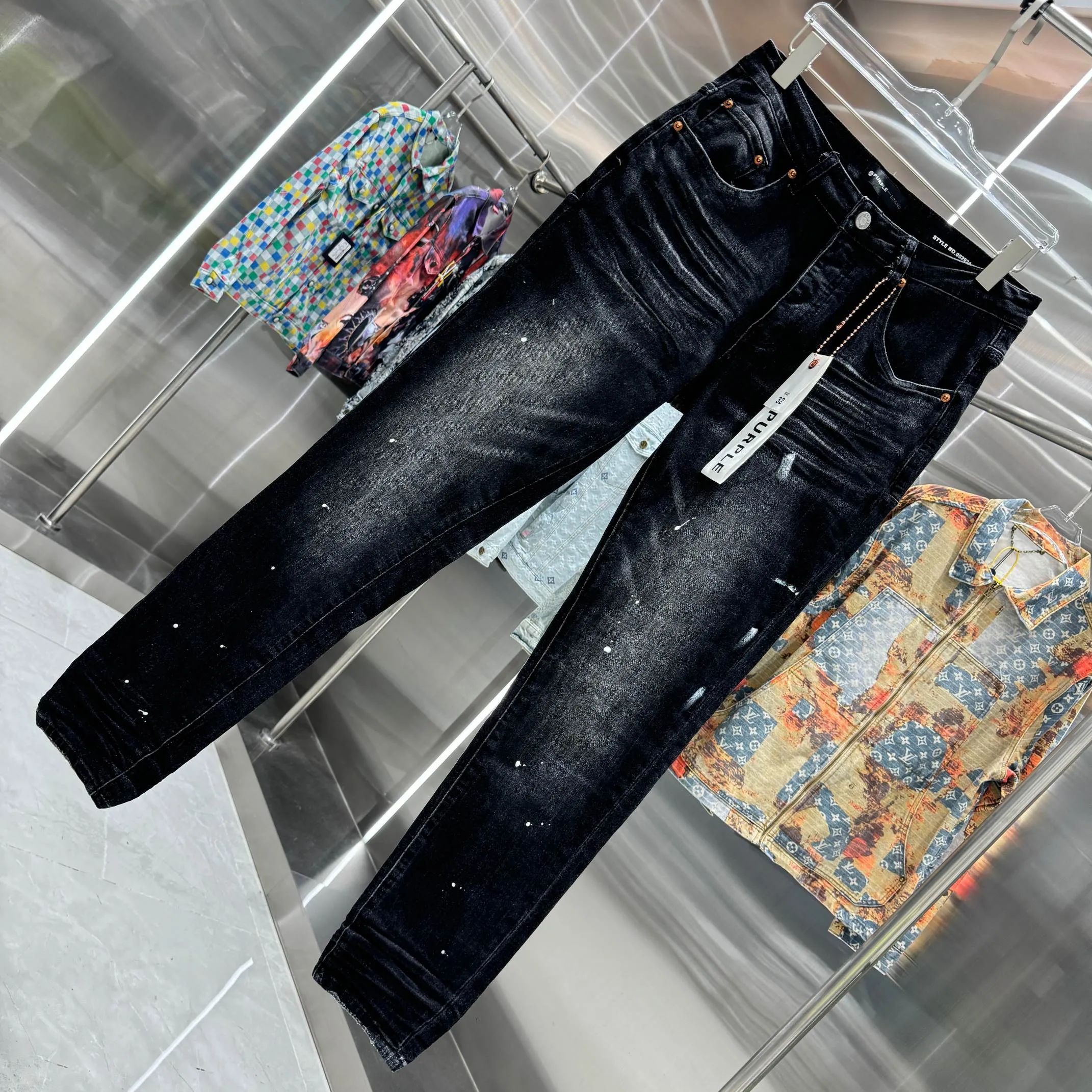 🅿️310 Purple Brand Graffiti Craft Street Trend Slim Fit Small Foot Stretch Jeans Color Black Size 30 32 34 36 38