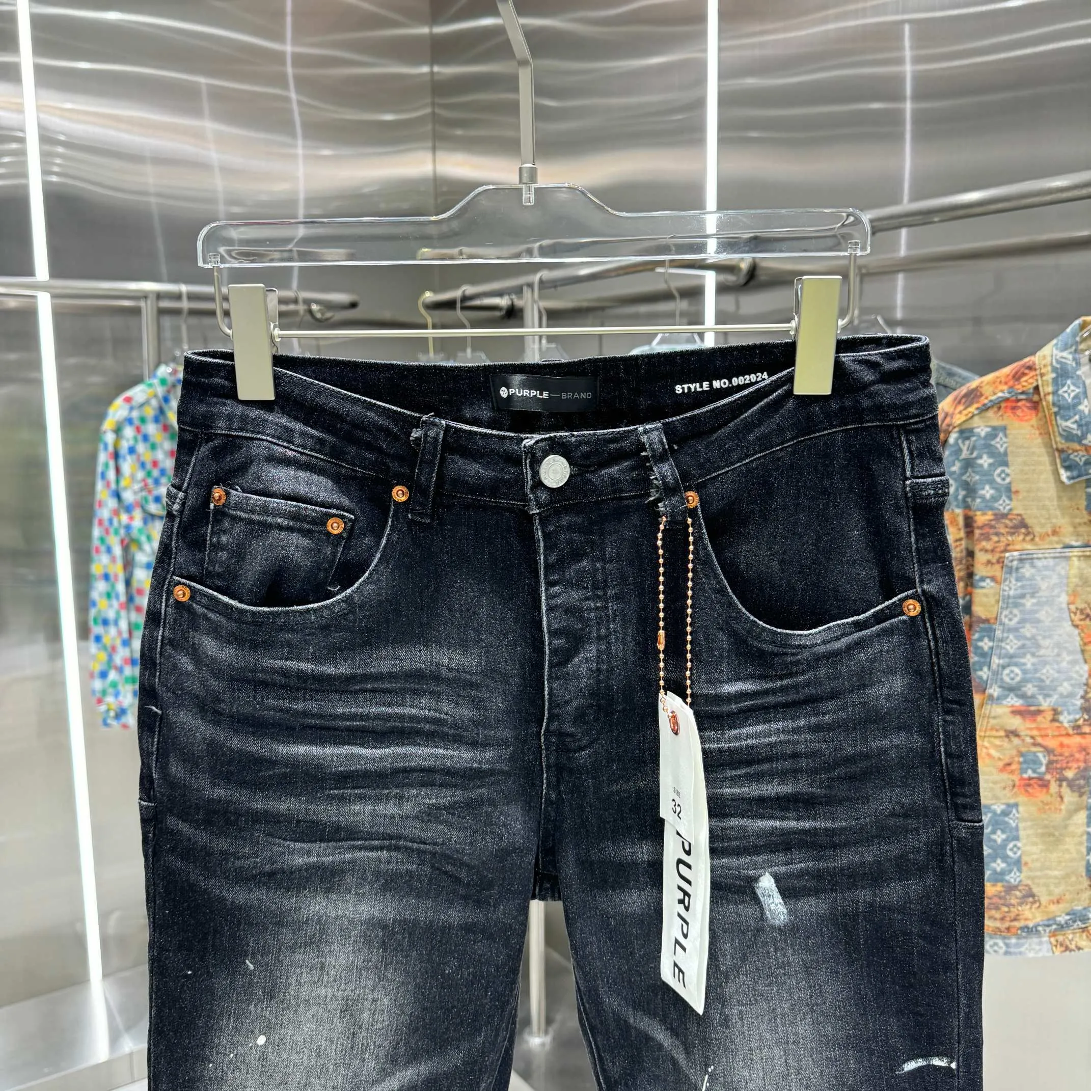 🅿️310 Purple Brand Graffiti Craft Street Trend Slim Fit Small Foot Stretch Jeans Color Black Size 30 32 34 36 38