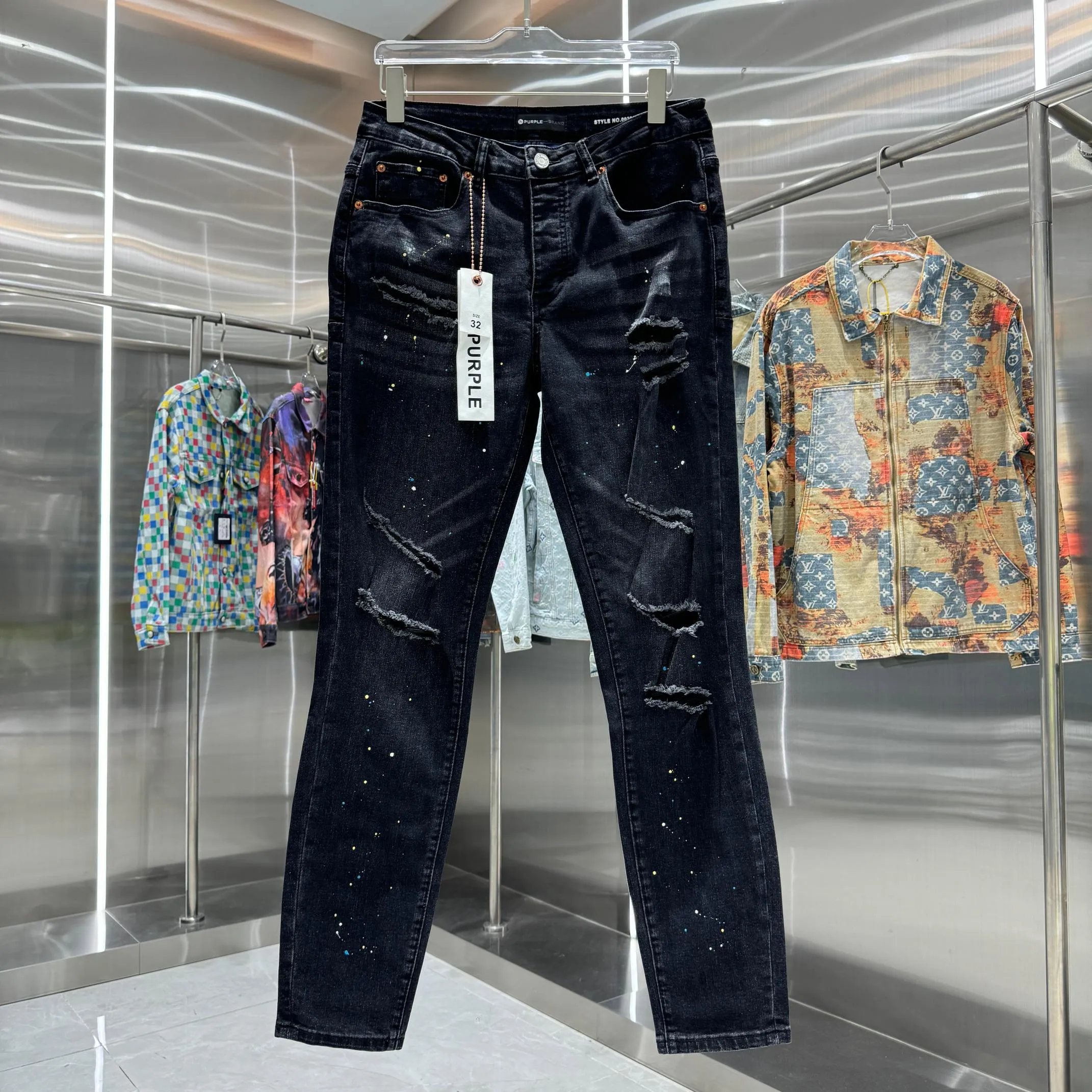 🅿️310 Purple Brand ripped graffiti craft street fashion slim fit stretch jeans Color Black Size 30 32 34 36 38