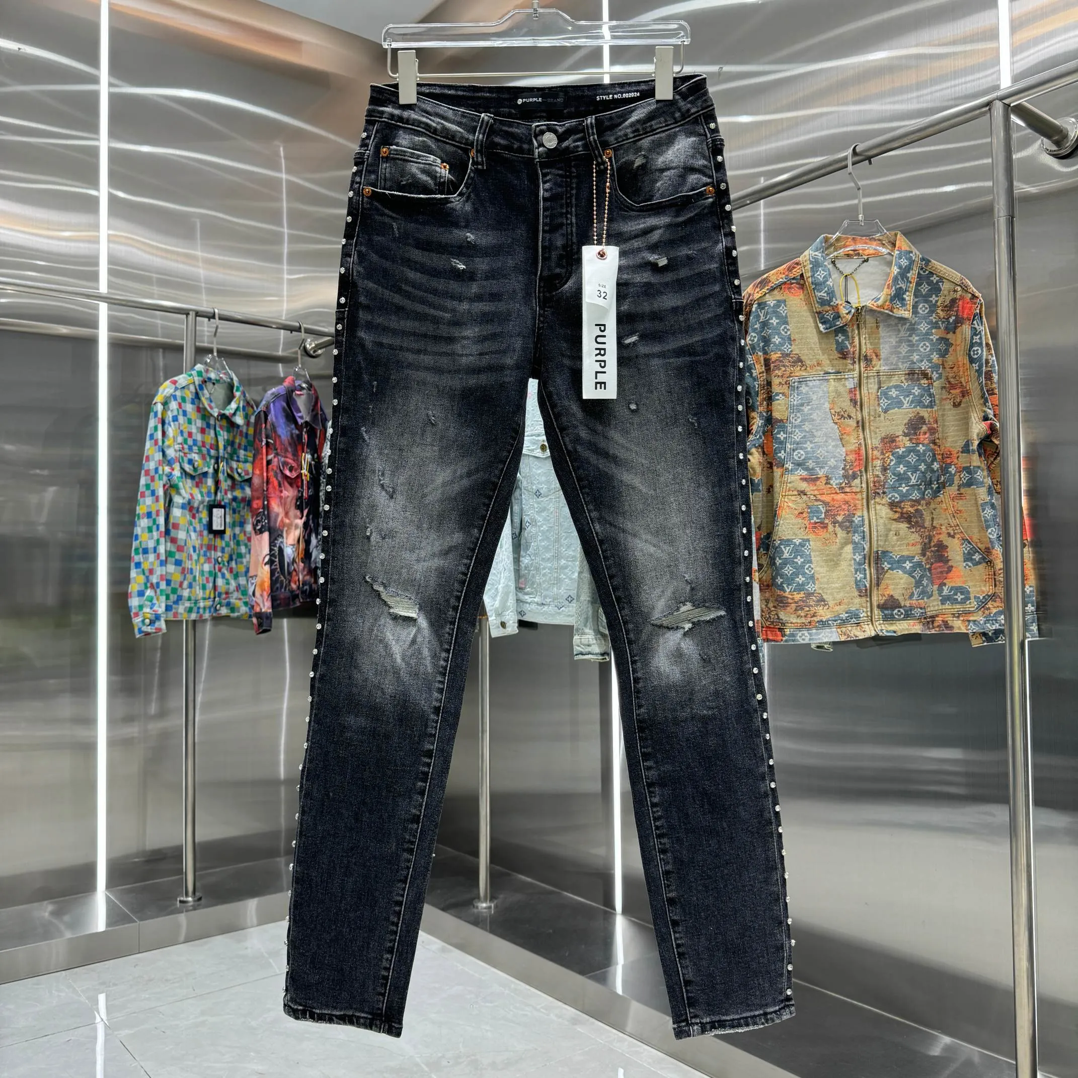 🅿️310 Purple Brand ripped side rivets on both sides street fashion slim fit stretch jeans Color Black Size 30 32 34 36 38
