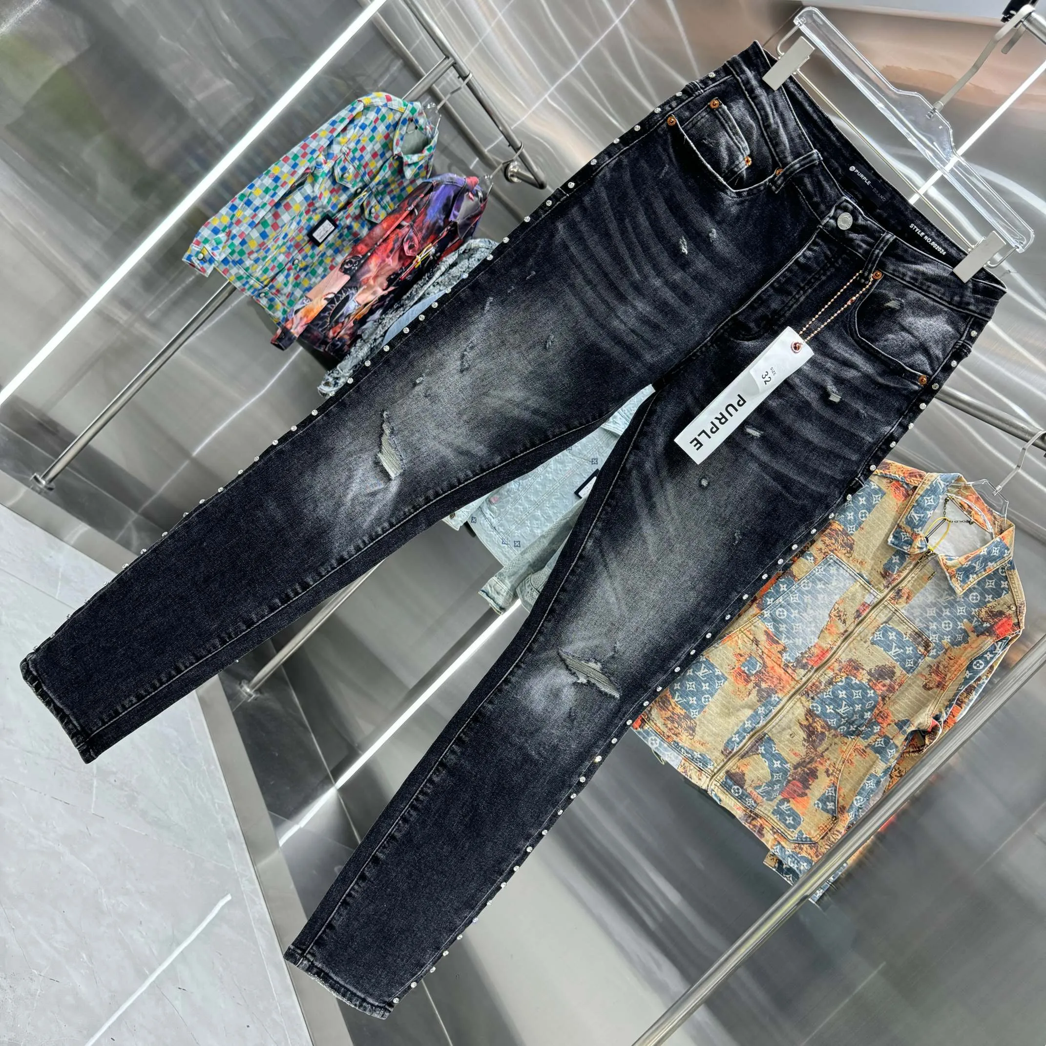 🅿️310 Purple Brand ripped side rivets on both sides street fashion slim fit stretch jeans Color Black Size 30 32 34 36 38