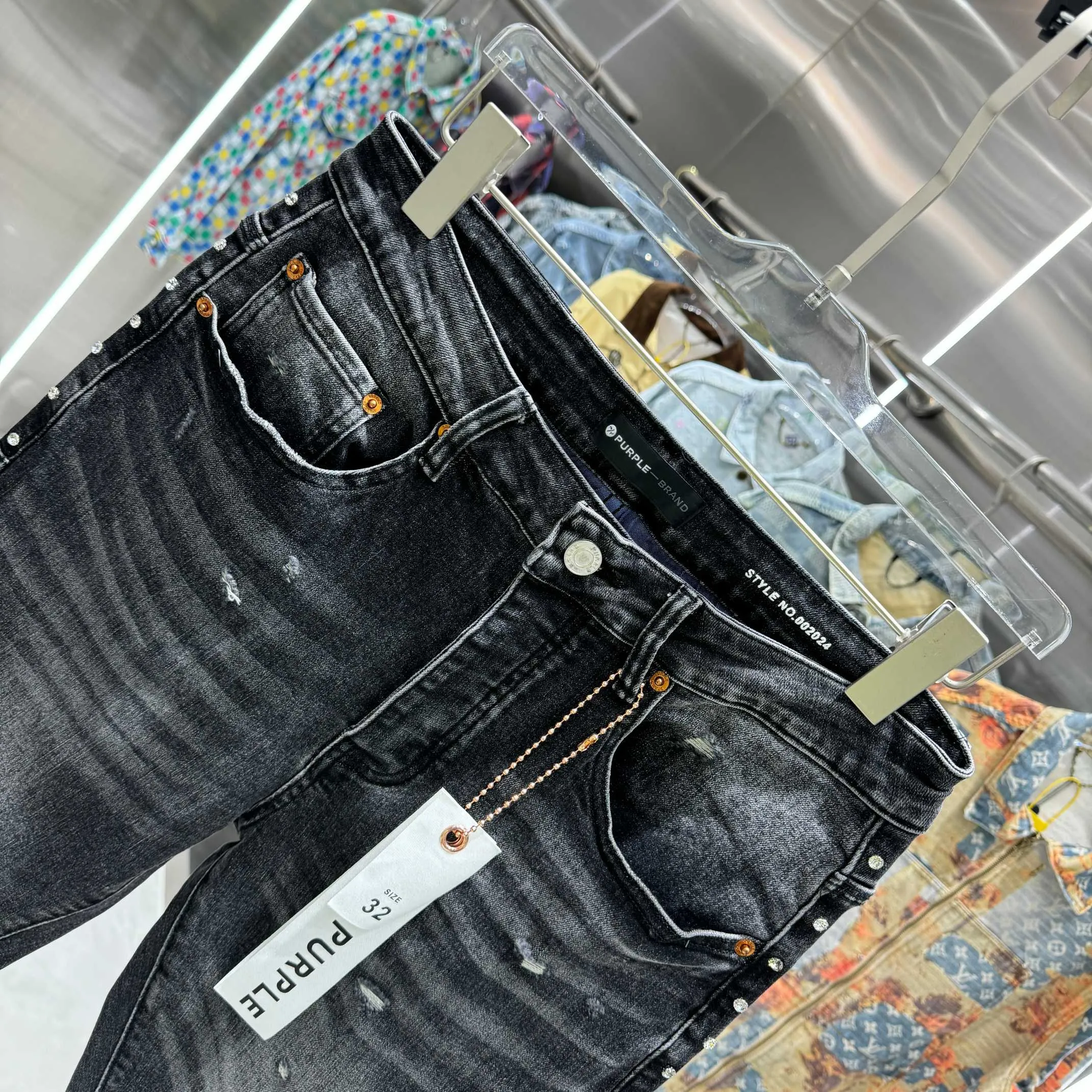 🅿️310 Purple Brand ripped side rivets on both sides street fashion slim fit stretch jeans Color Black Size 30 32 34 36 38