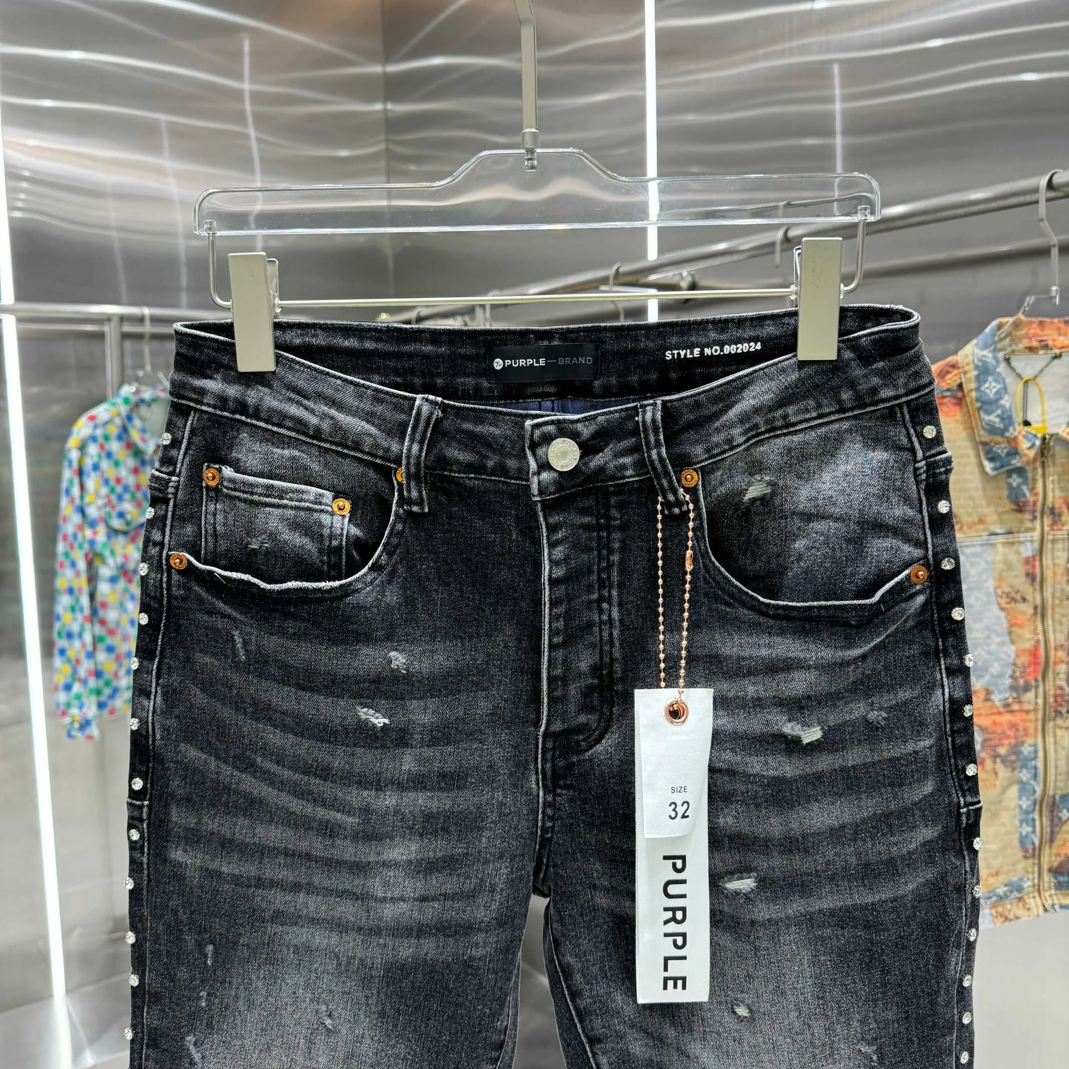 🅿️310 Purple Brand ripped side rivets on both sides street fashion slim fit stretch jeans Color Black Size 30 32 34 36 38