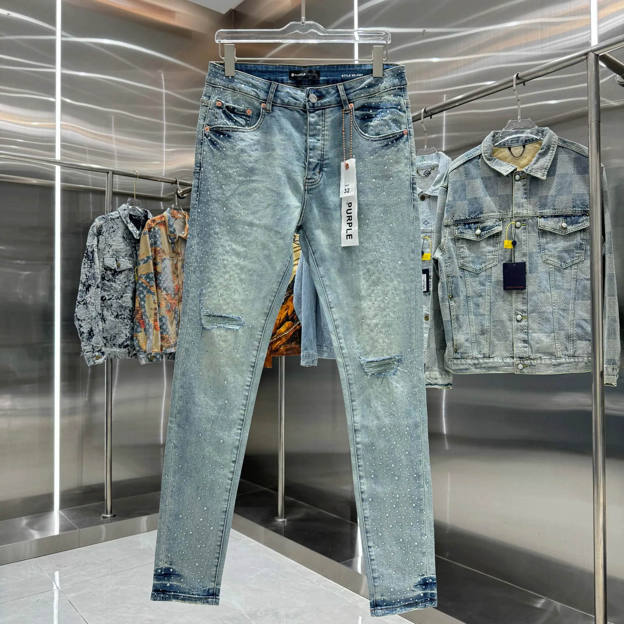 🅿️310 Purple Brand heavy-duty hot-drilling process street fashion slim fit stretch jeans color light blue code number 30 32 34 36 38