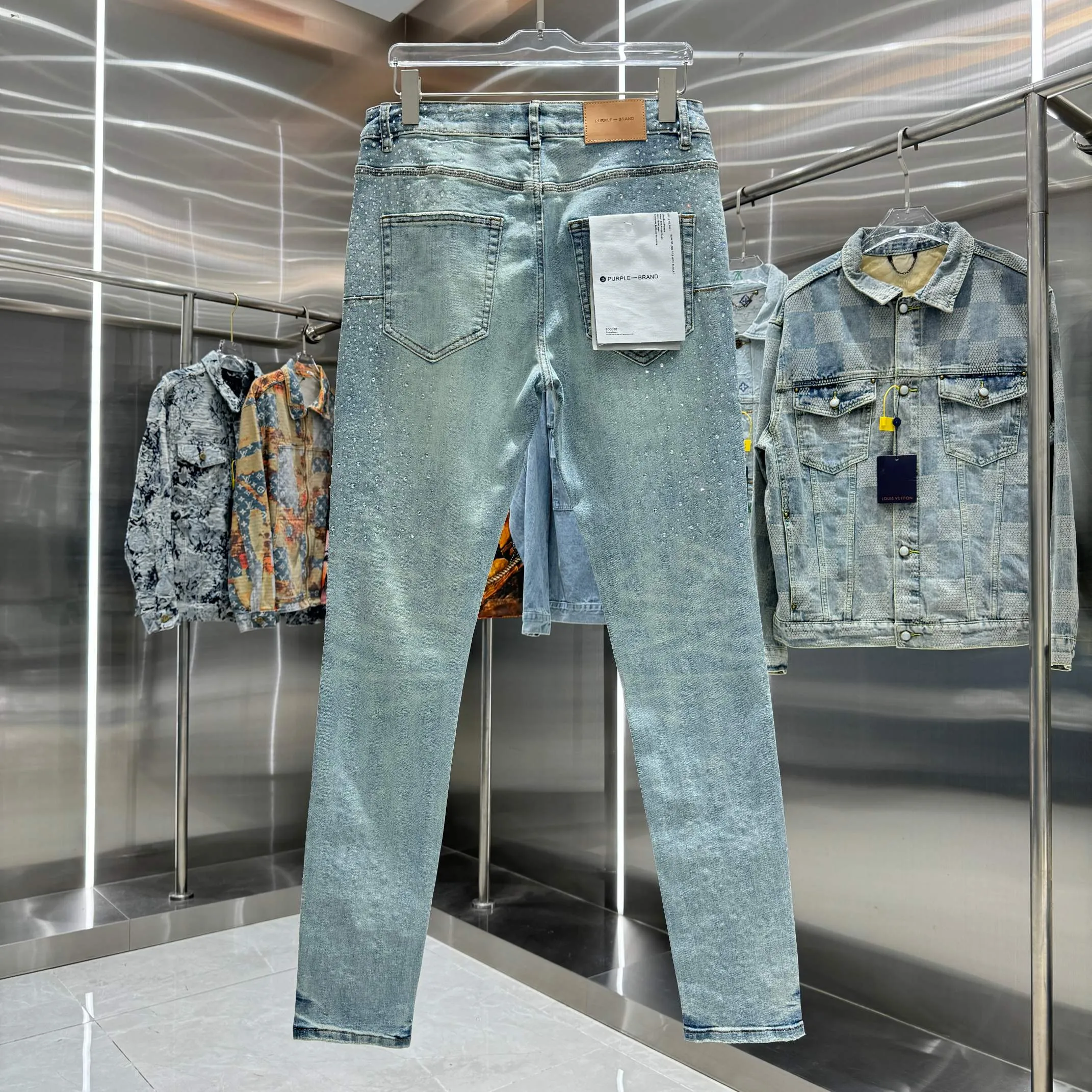 🅿️310 Purple Brand heavy-duty hot-drilling process street fashion slim fit stretch jeans color light blue code number 30 32 34 36 38