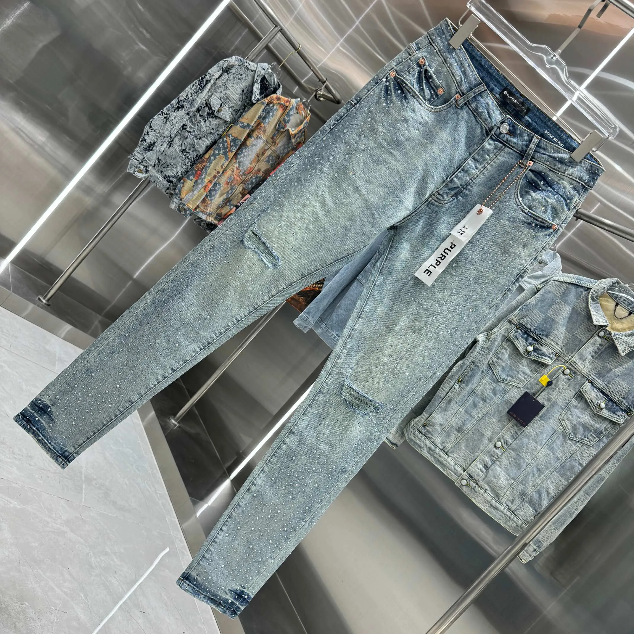 🅿️310 Purple Brand heavy-duty hot-drilling process street fashion slim fit stretch jeans color light blue code number 30 32 34 36 38