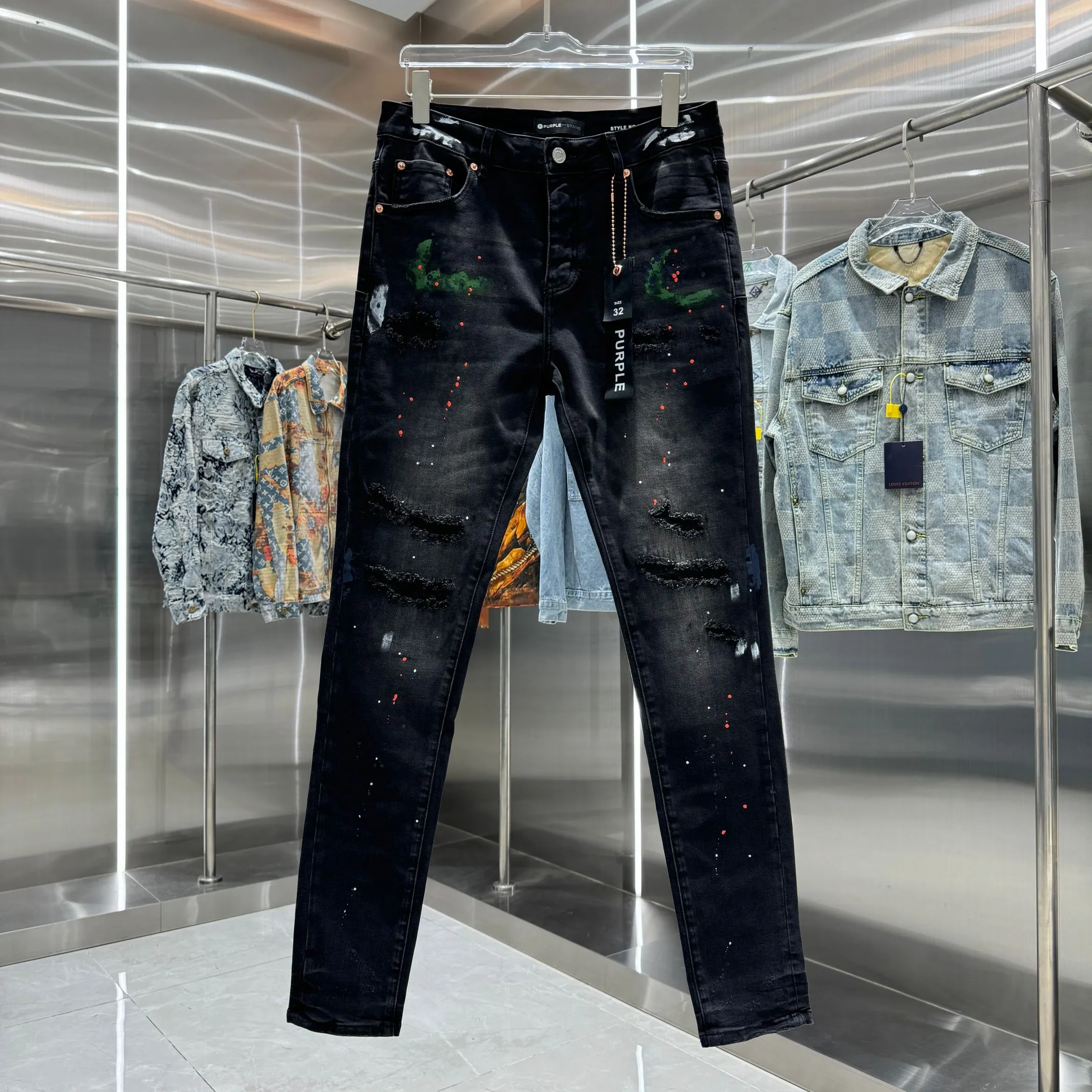 🅿️310 Purple Brand ripped graffiti craft street fashion slim fit stretch jeans Color Black Size 30 32 34 36 38
