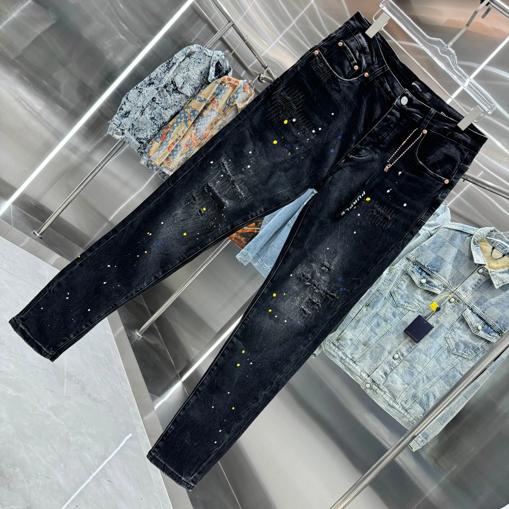 🅿️310 Purple Brand ripped graffiti craft street fashion slim fit stretch jeans Color Black Size 30 32 34 36 38