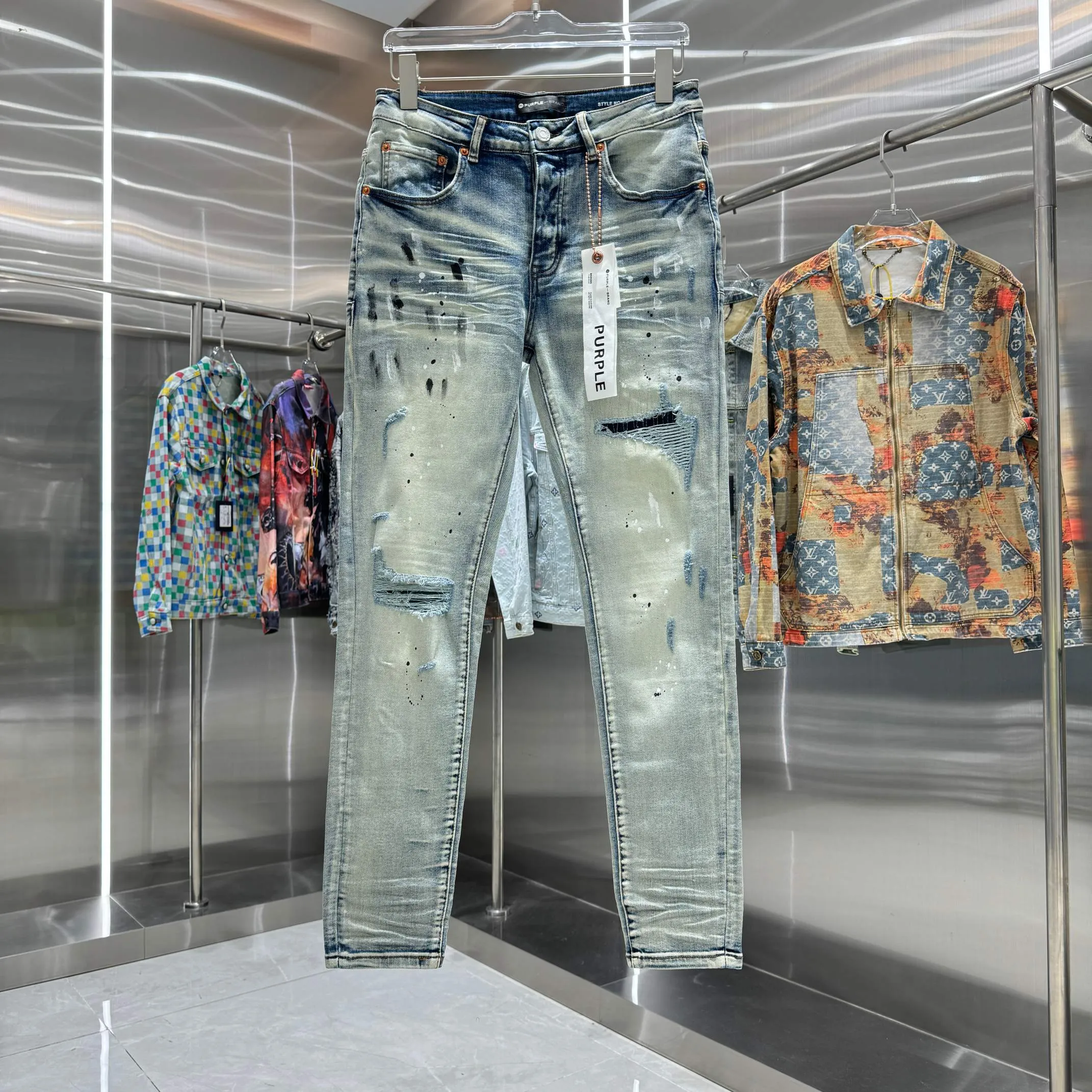 🅿️310 Purple Brand ripped graffiti craft street fashion slim fit stretch jeans color light blue size 30 32 34 36 38