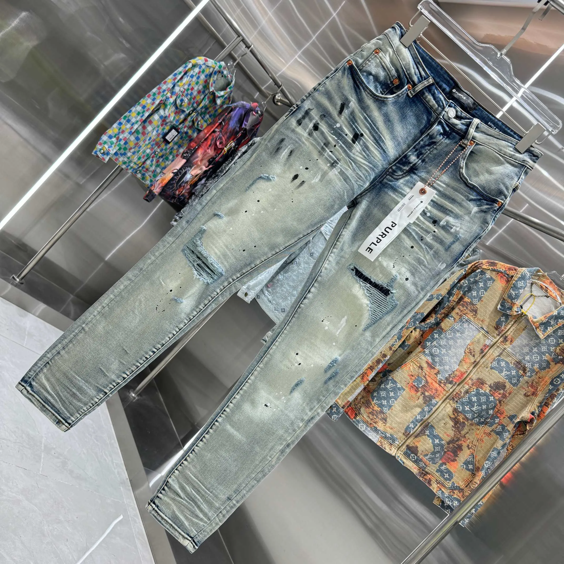 🅿️310 Purple Brand ripped graffiti craft street fashion slim fit stretch jeans color light blue size 30 32 34 36 38