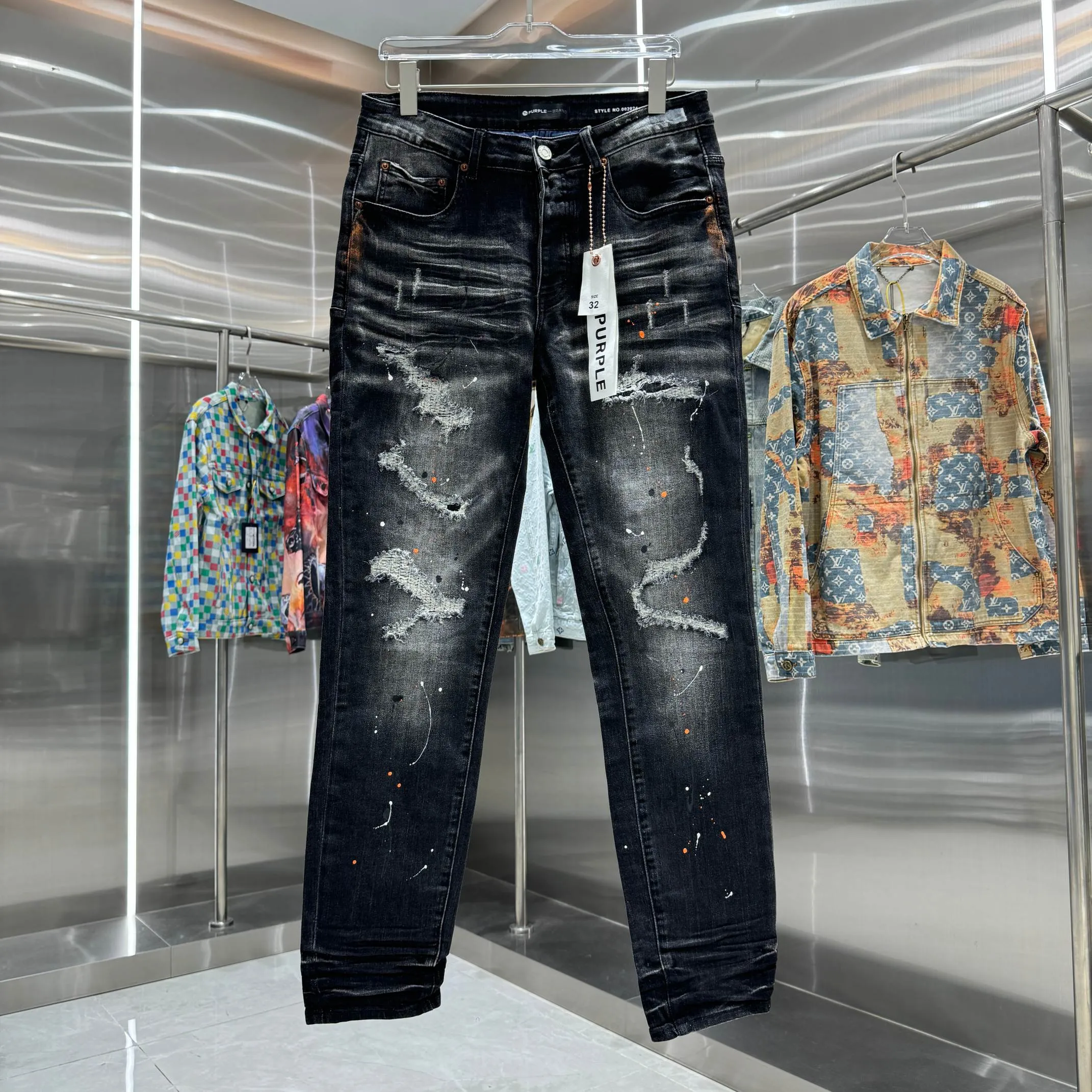 🅿️310 Purple Brand ripped graffiti craft street fashion slim fit stretch jeans Color Black Size 30 32 34 36 38