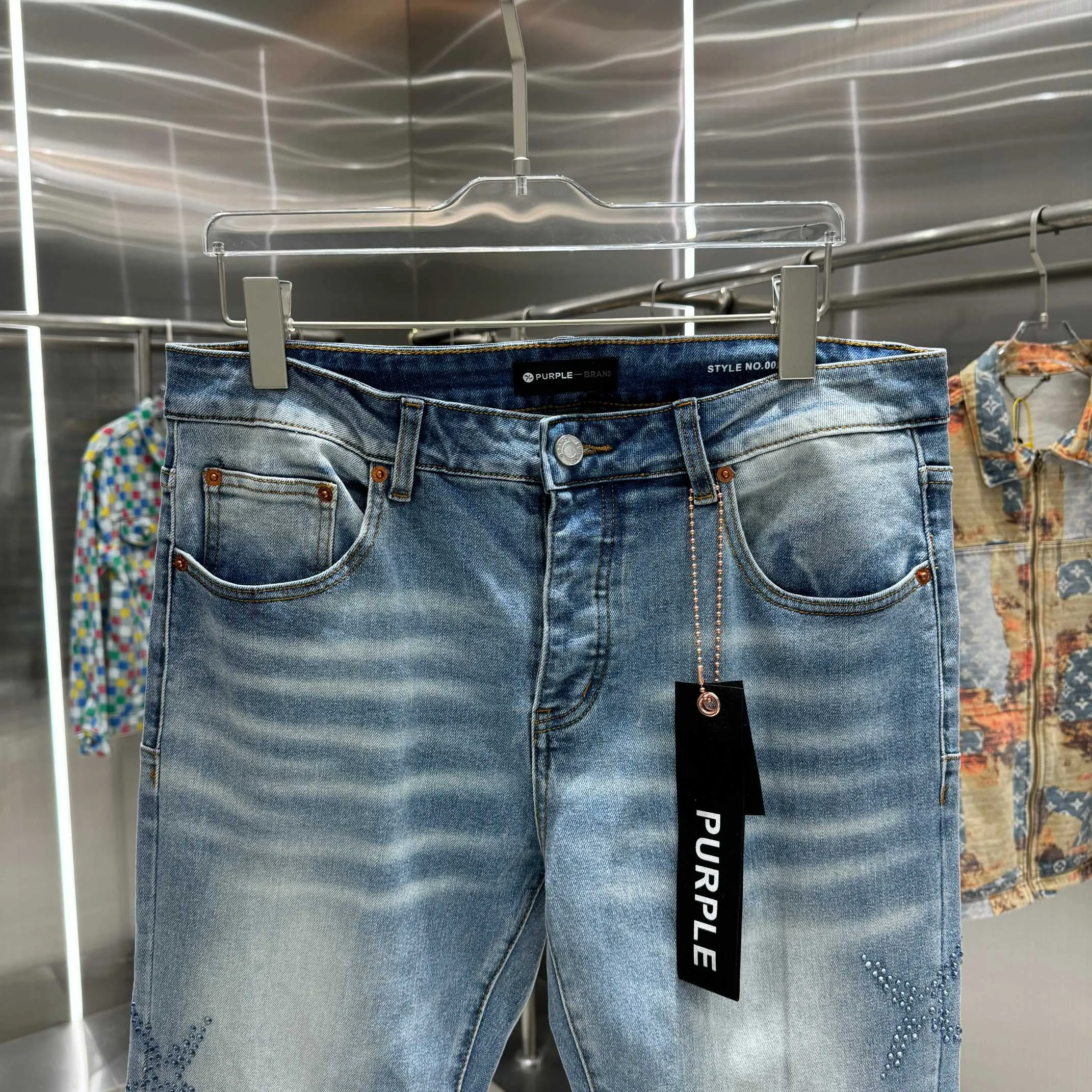 🅿️310 Purple Brand five-pointed star hot diamond craft street style micro-flared stretch jeans Color Light Blue Size 30 32 34 36 38