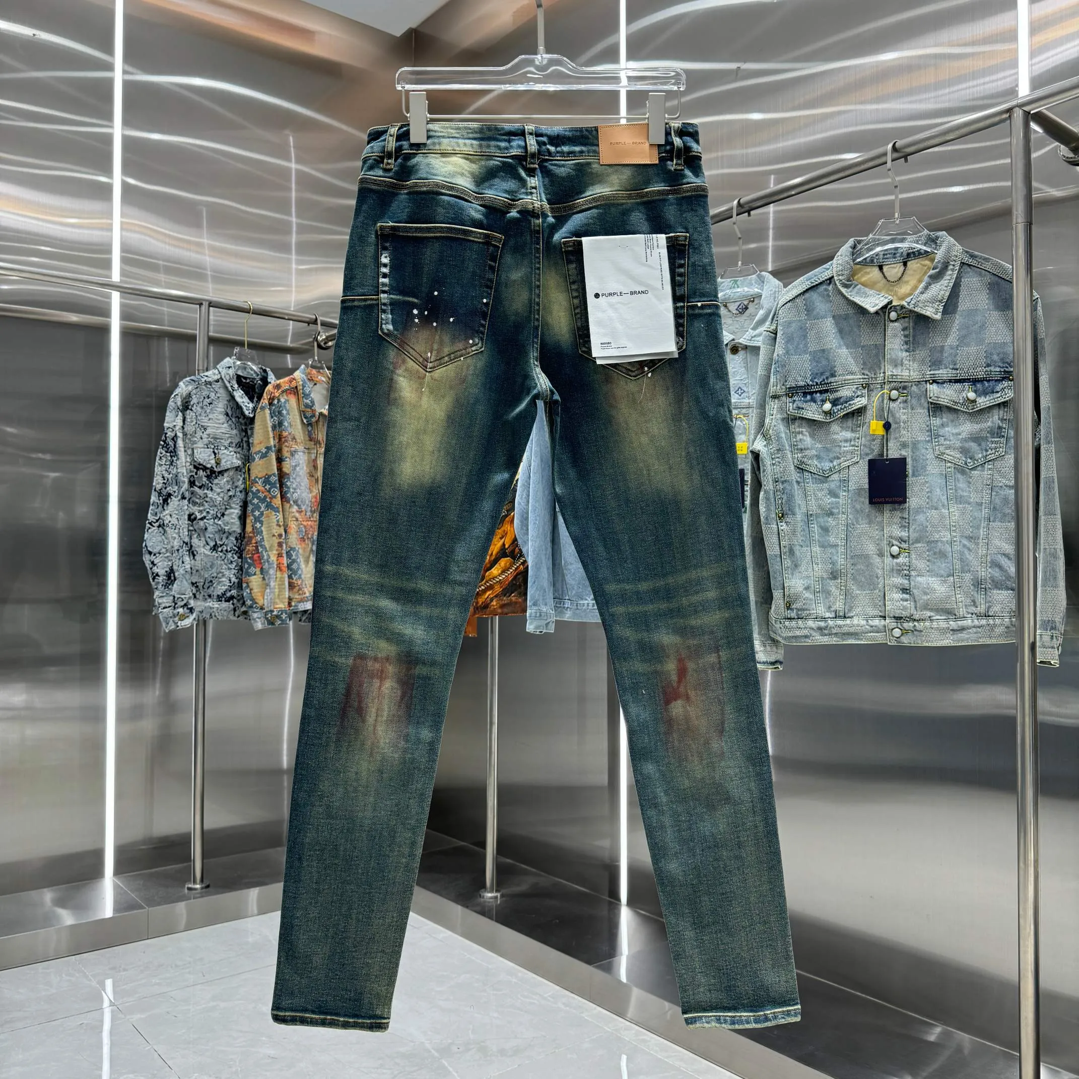 🅿️310 Purple Brand Heavy Washed Hole Graffiti Craft Street Trend Slim Fit Small Foot Stretch Jeans Color Blue Size Number 30 32 34 36 38