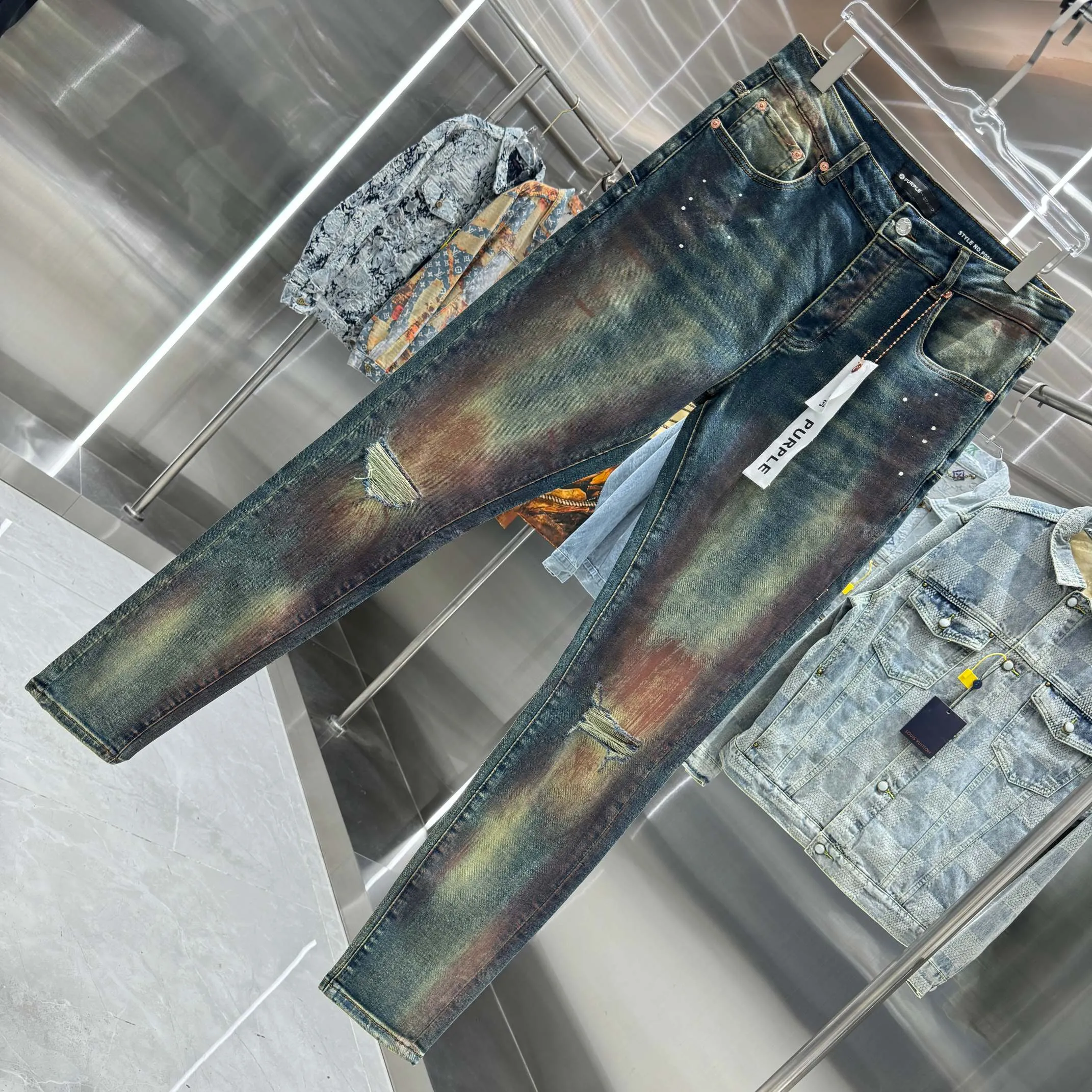 🅿️310 Purple Brand Heavy Washed Hole Graffiti Craft Street Trend Slim Fit Small Foot Stretch Jeans Color Blue Size Number 30 32 34 36 38