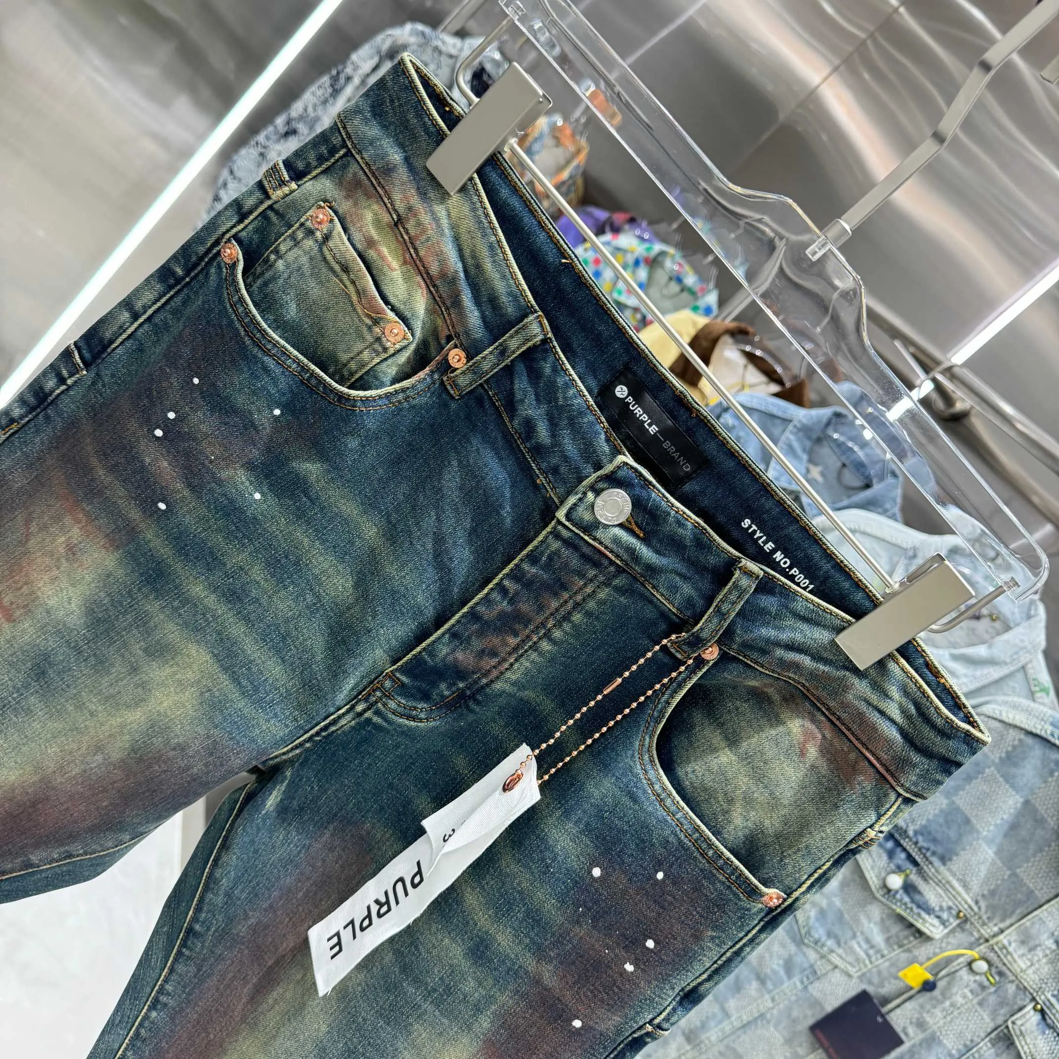 🅿️310 Purple Brand Heavy Washed Hole Graffiti Craft Street Trend Slim Fit Small Foot Stretch Jeans Color Blue Size Number 30 32 34 36 38