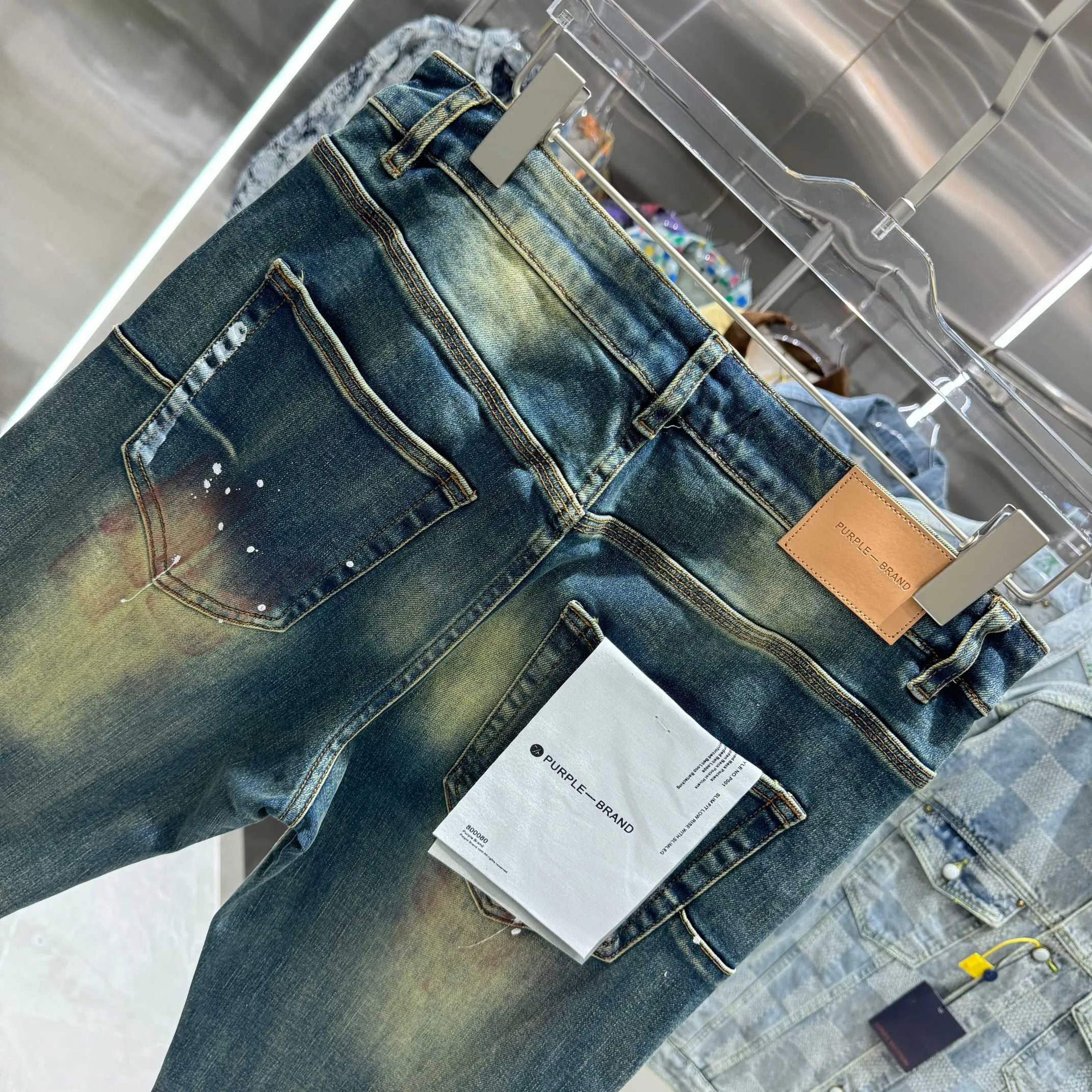 🅿️310 Purple Brand Heavy Washed Hole Graffiti Craft Street Trend Slim Fit Small Foot Stretch Jeans Color Blue Size Number 30 32 34 36 38
