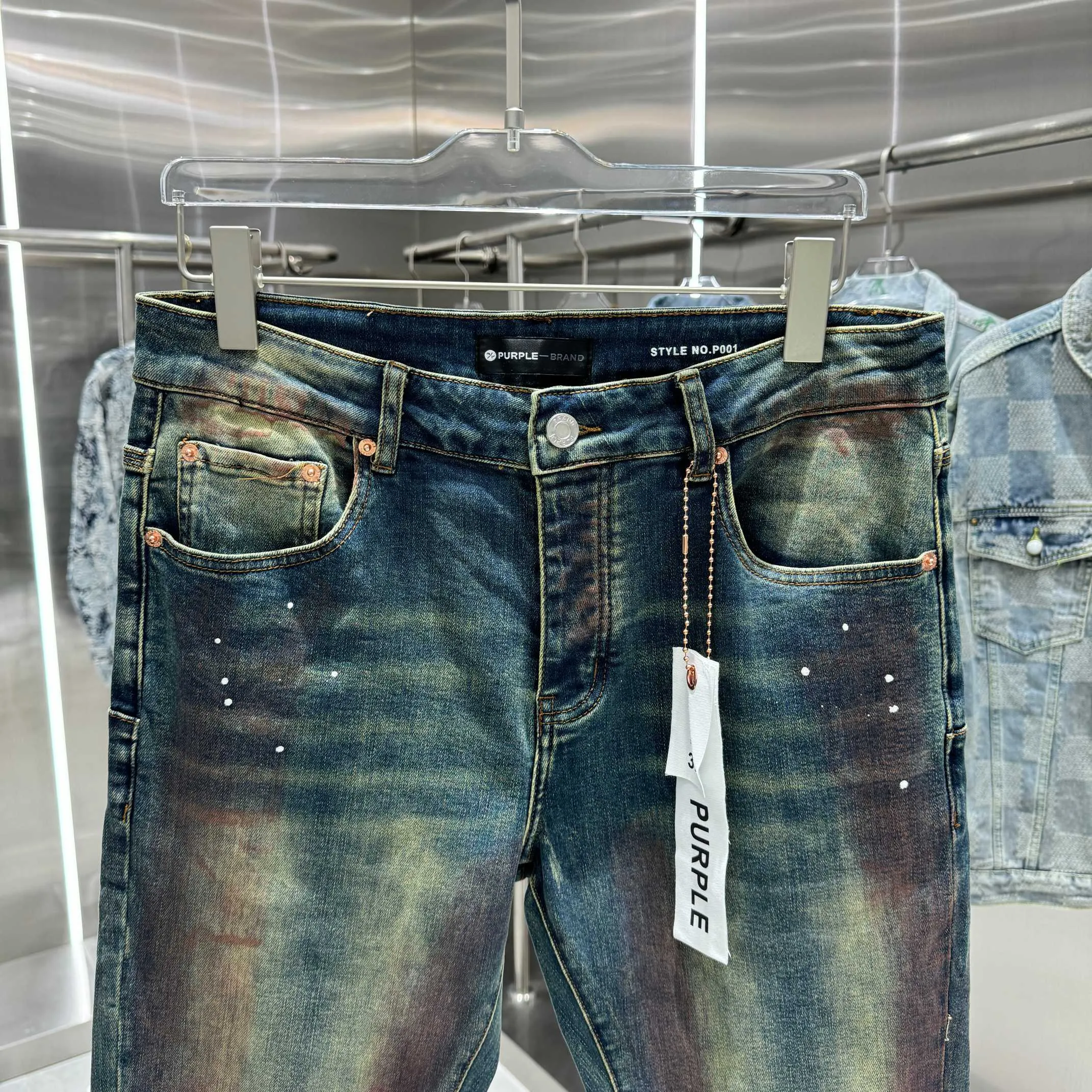 🅿️310 Purple Brand Heavy Washed Hole Graffiti Craft Street Trend Slim Fit Small Foot Stretch Jeans Color Blue Size Number 30 32 34 36 38