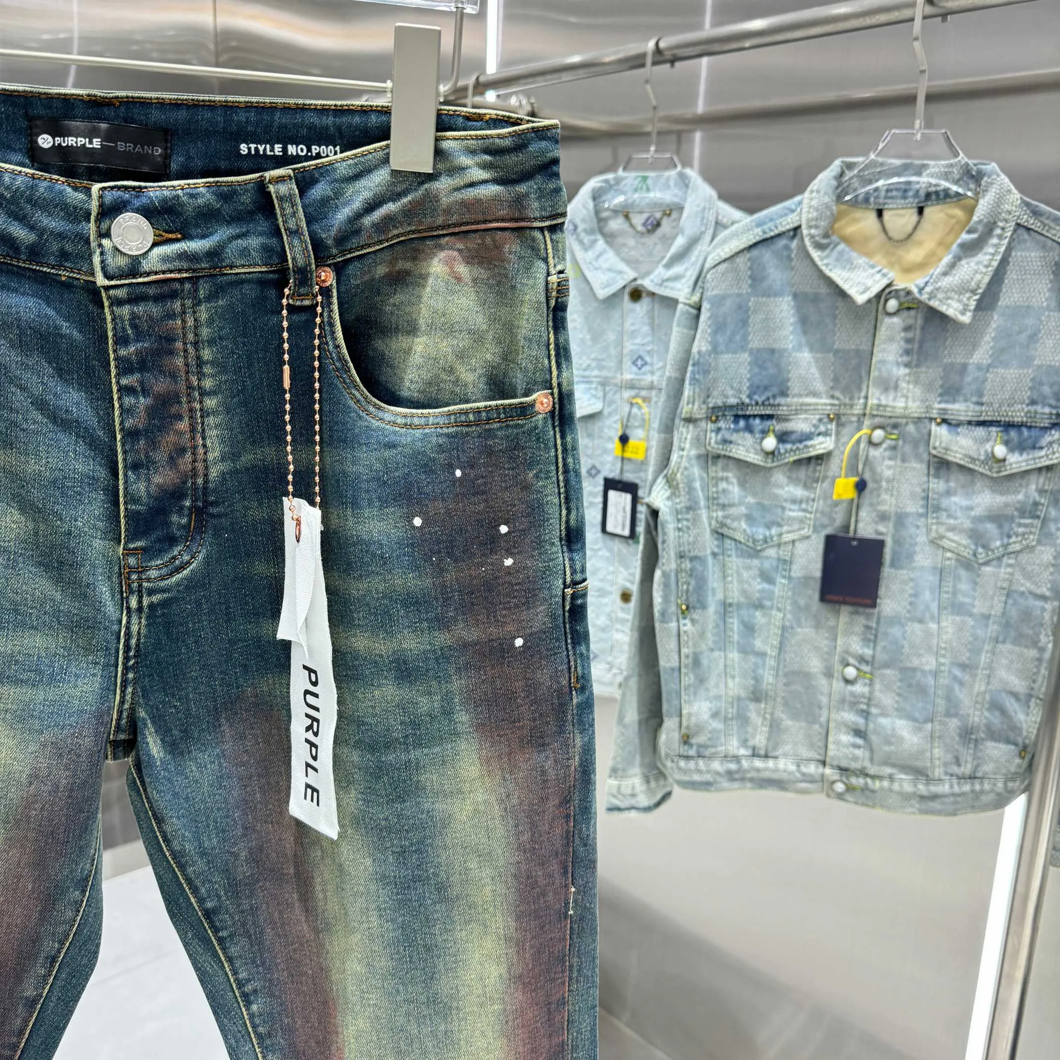 🅿️310 Purple Brand Heavy Washed Hole Graffiti Craft Street Trend Slim Fit Small Foot Stretch Jeans Color Blue Size Number 30 32 34 36 38