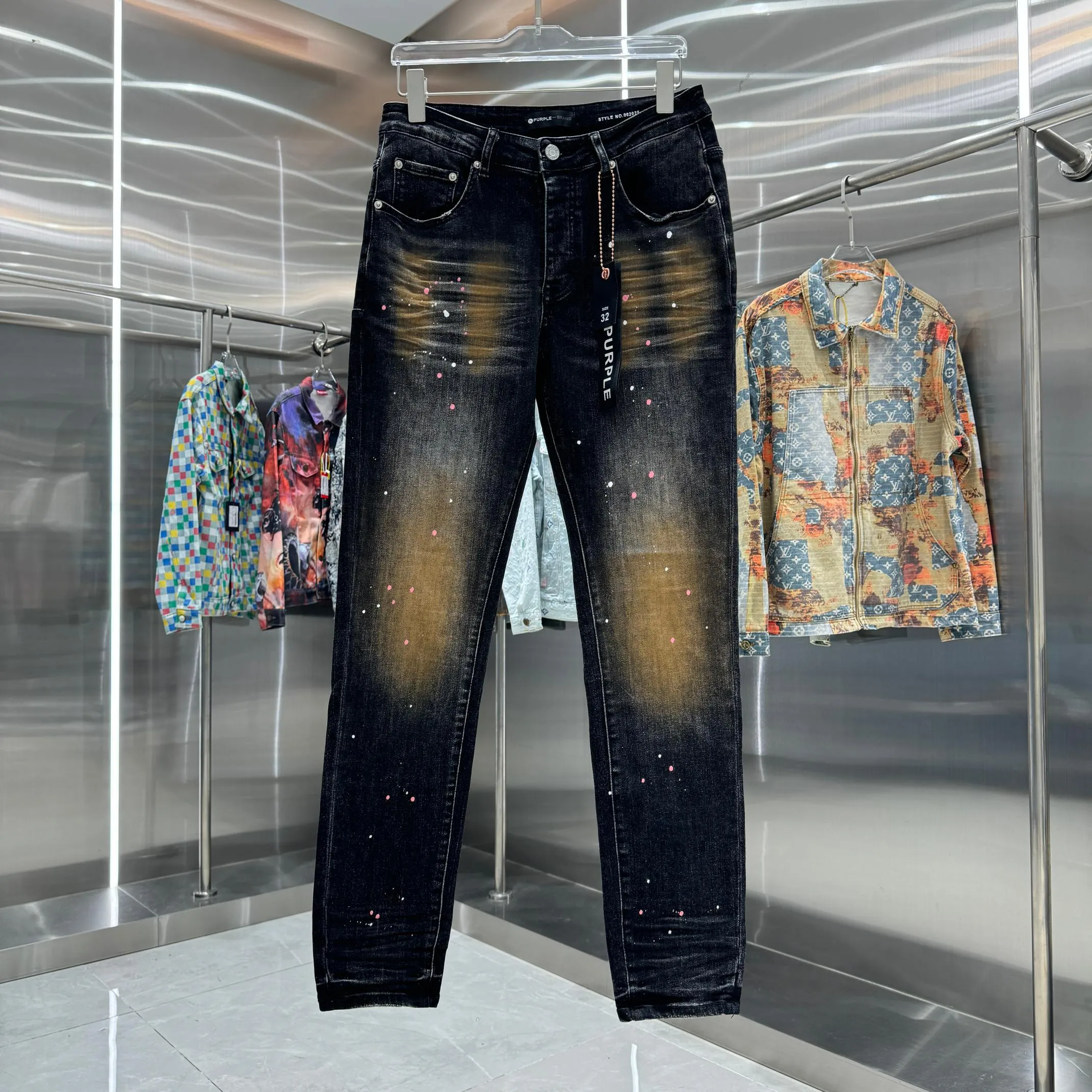 🅿️310 Purple Brand Graffiti Craft Street Trend Slim Fit Small Foot Stretch Jeans Color Black Size 30 32 34 36 38