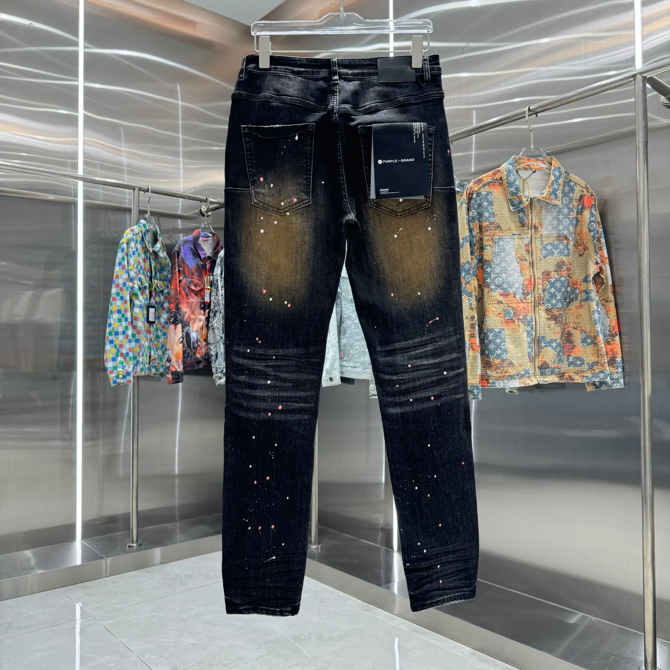 🅿️310 Purple Brand Graffiti Craft Street Trend Slim Fit Small Foot Stretch Jeans Color Black Size 30 32 34 36 38