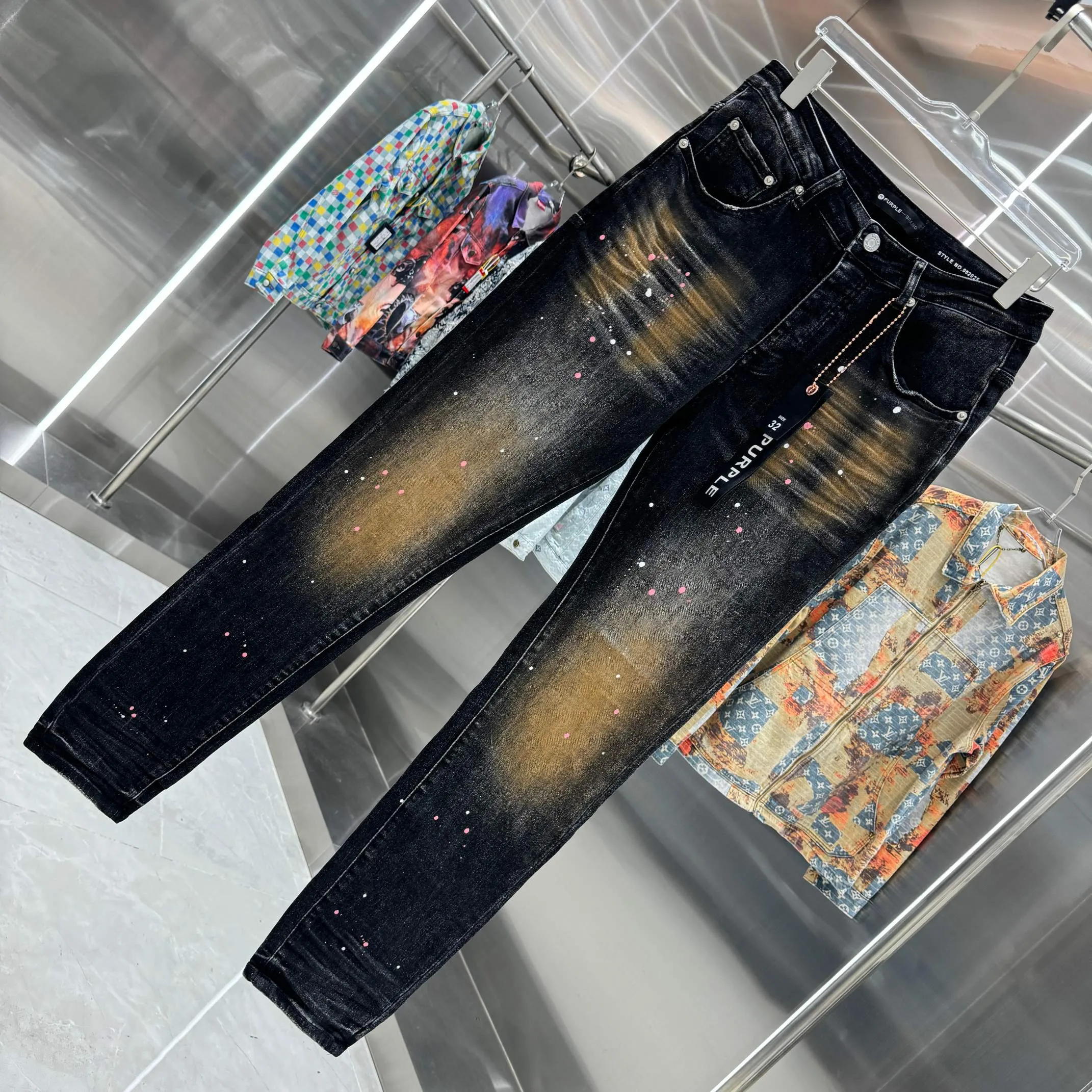 🅿️310 Purple Brand Graffiti Craft Street Trend Slim Fit Small Foot Stretch Jeans Color Black Size 30 32 34 36 38