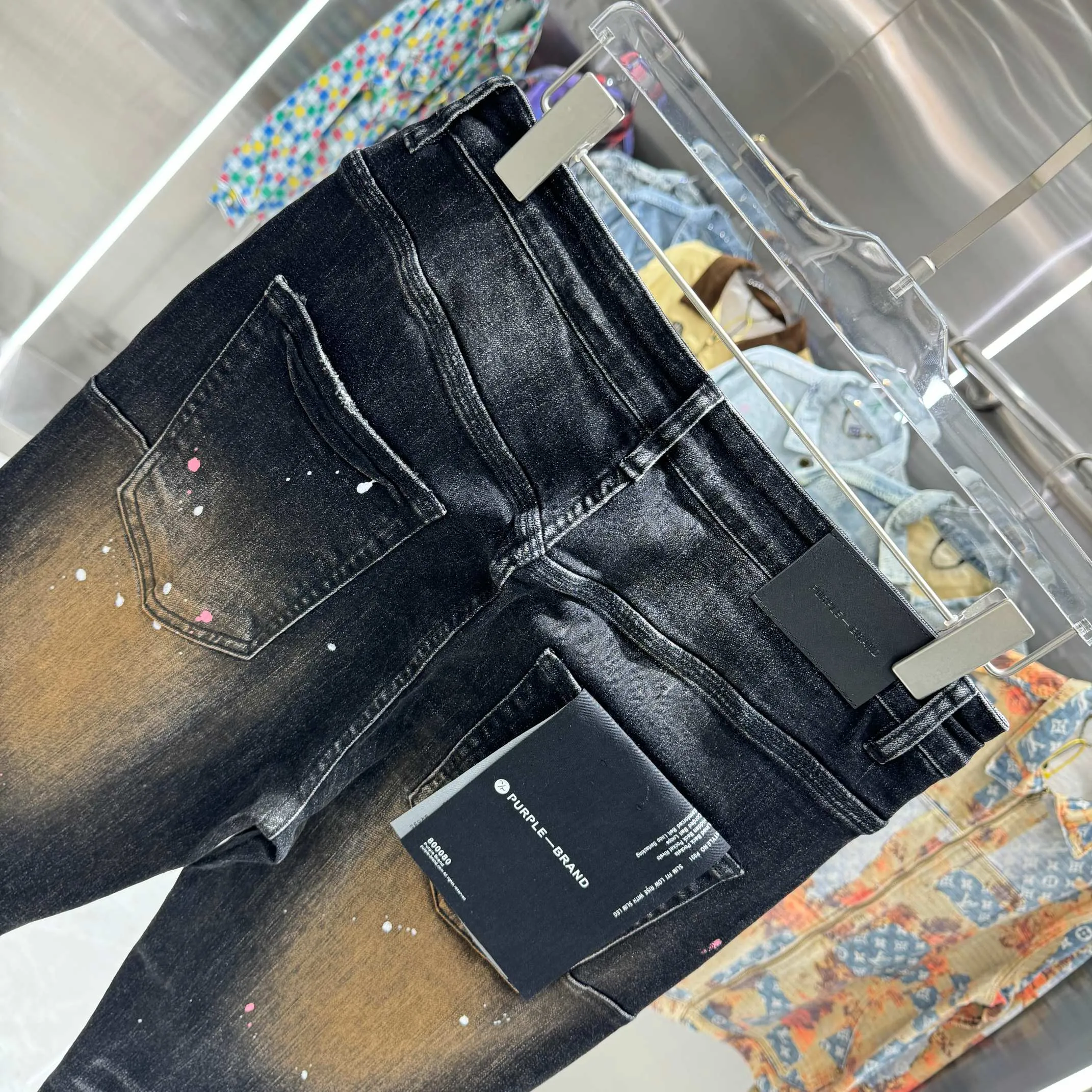 🅿️310 Purple Brand Graffiti Craft Street Trend Slim Fit Small Foot Stretch Jeans Color Black Size 30 32 34 36 38