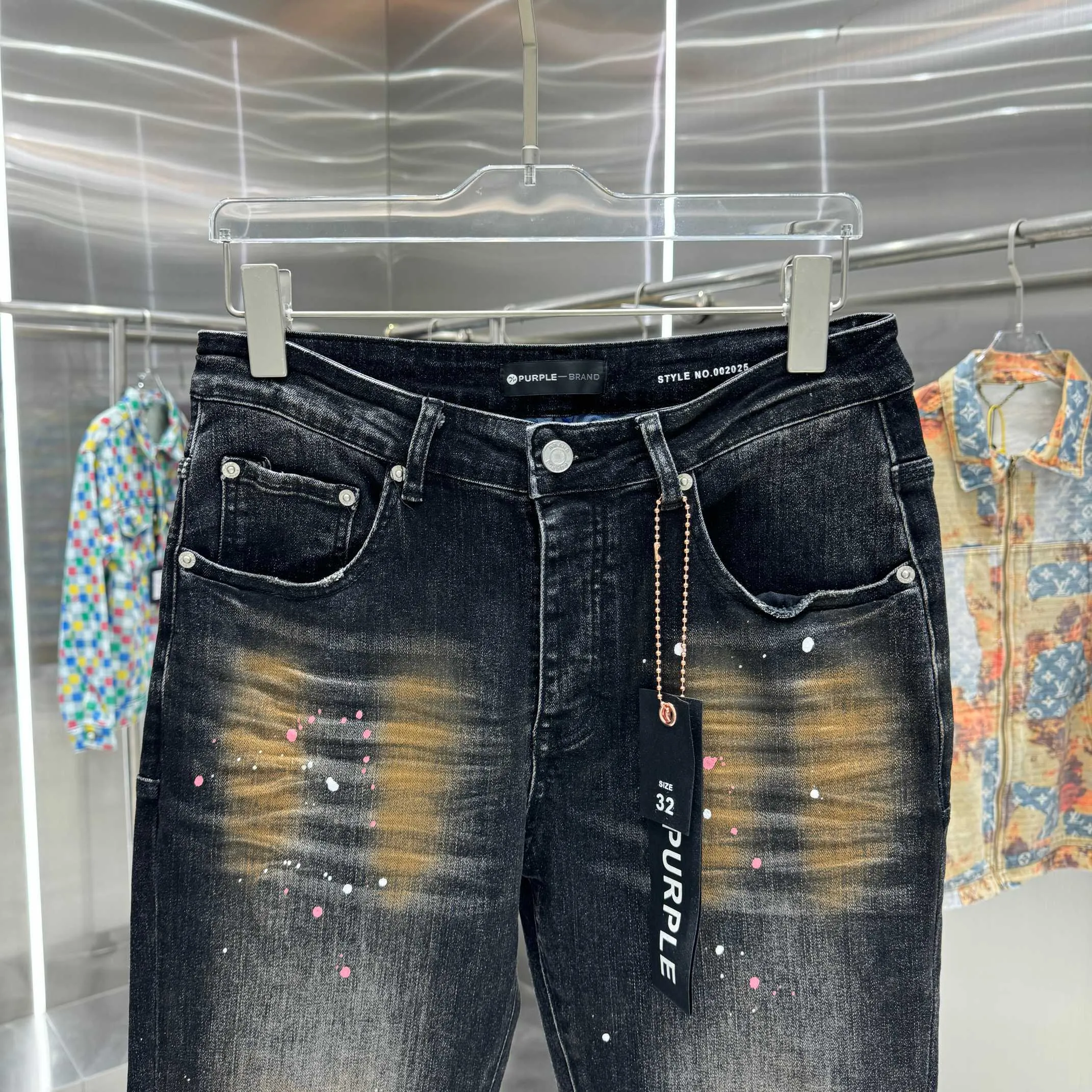 🅿️310 Purple Brand Graffiti Craft Street Trend Slim Fit Small Foot Stretch Jeans Color Black Size 30 32 34 36 38
