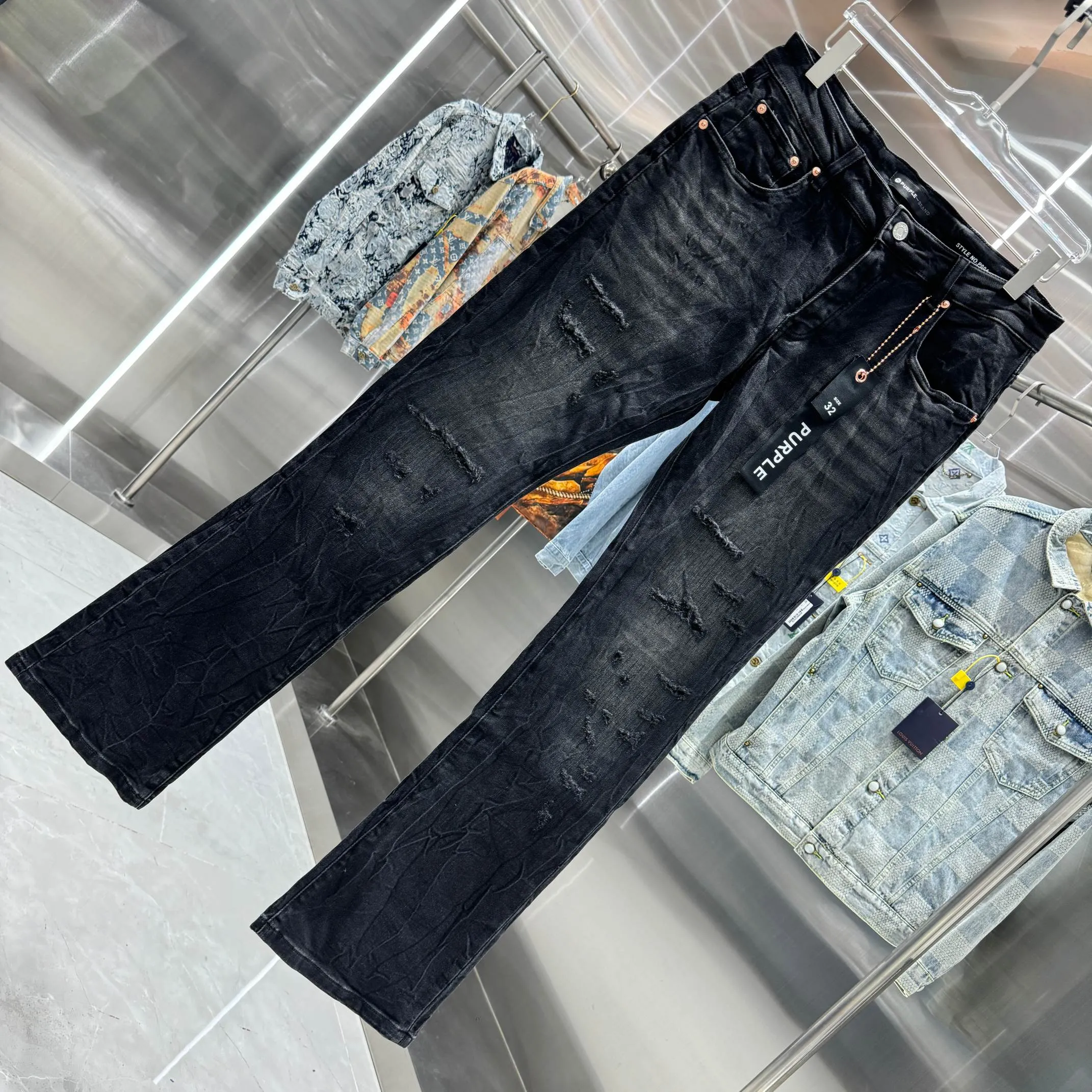 🅿️310 Purple Brand ripped craft street style micro-flared stretch jeans Color Black Size 30 32 34 36 38