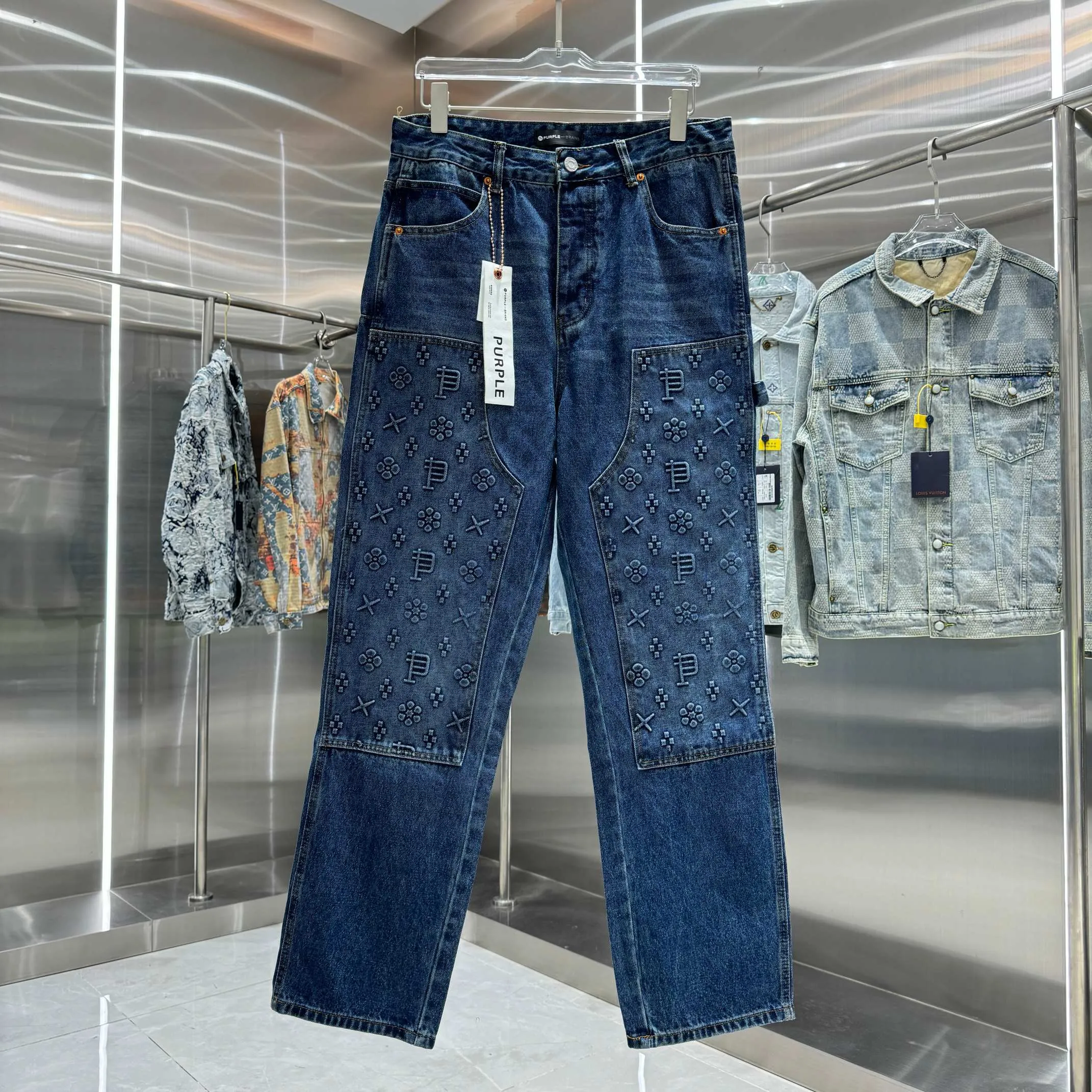 🅿️310 Purple Brand Embossed Letters LOGO Street Trend Loose Straight Jeans Color Dark Blue Size 30 32 34 36 38