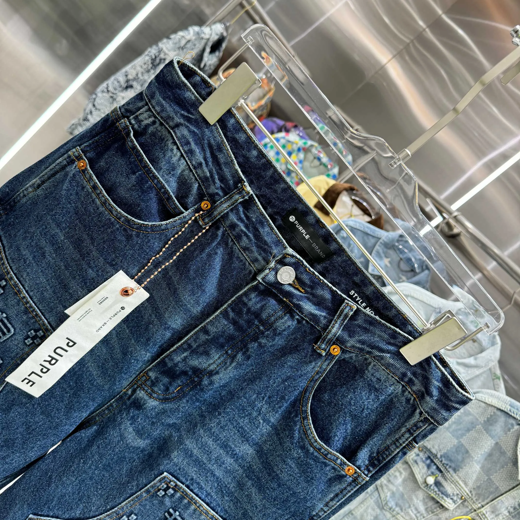 🅿️310 Purple Brand Embossed Letters LOGO Street Trend Loose Straight Jeans Color Dark Blue Size 30 32 34 36 38