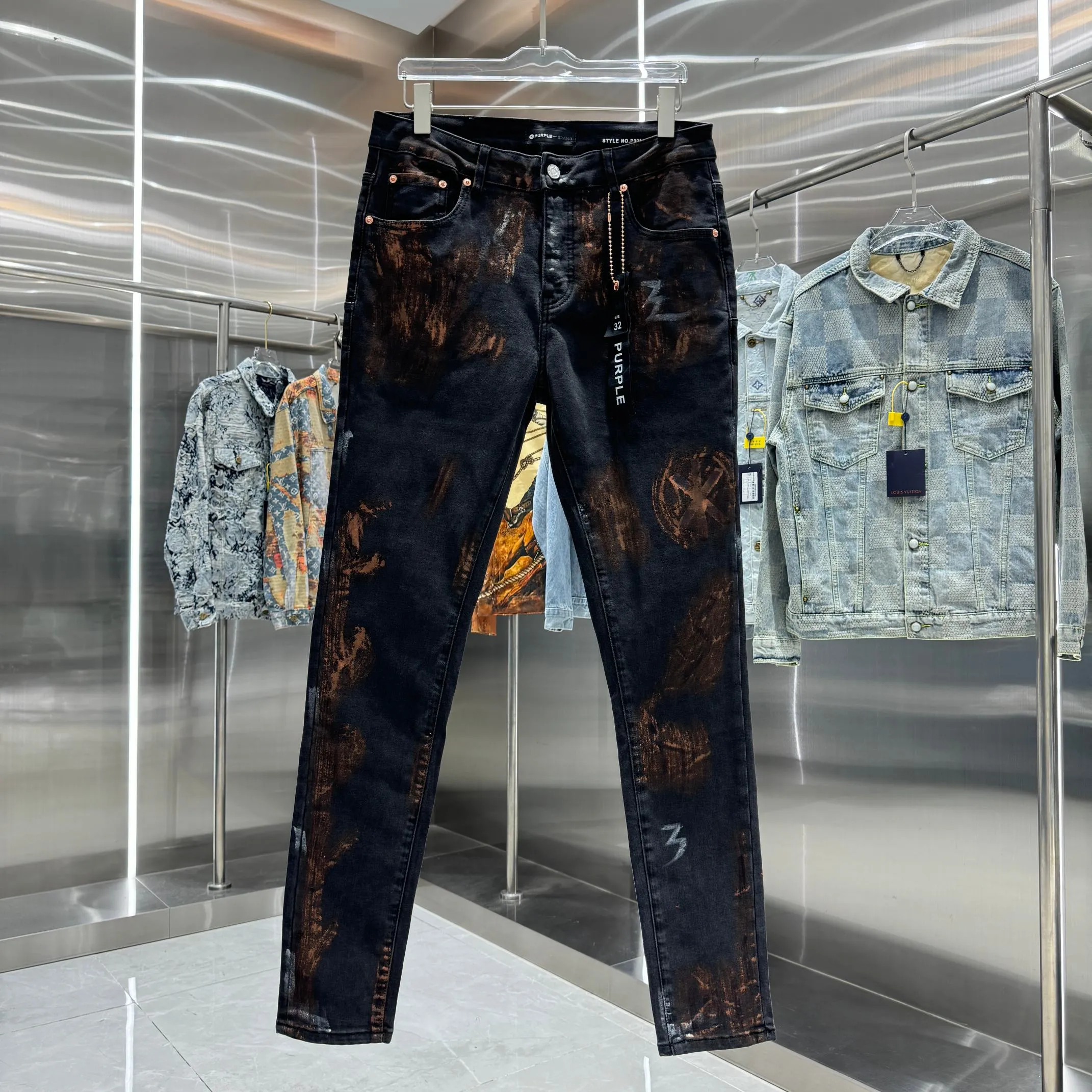 🅿️310 Purple Brand street fashion slim fit stretch jeans with graffiti crafts Color Black Size 30 32 34 36 38