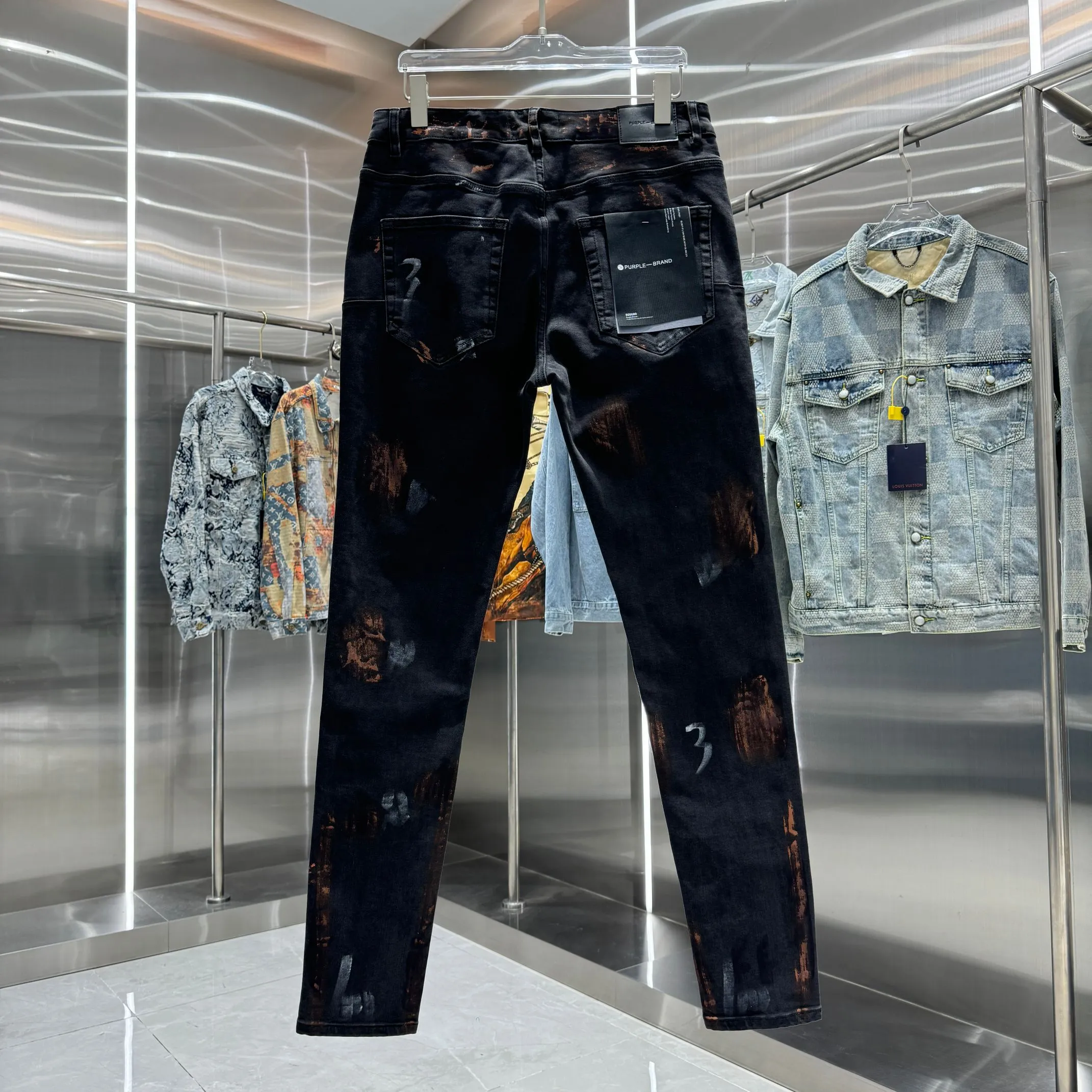 🅿️310 Purple Brand street fashion slim fit stretch jeans with graffiti crafts Color Black Size 30 32 34 36 38