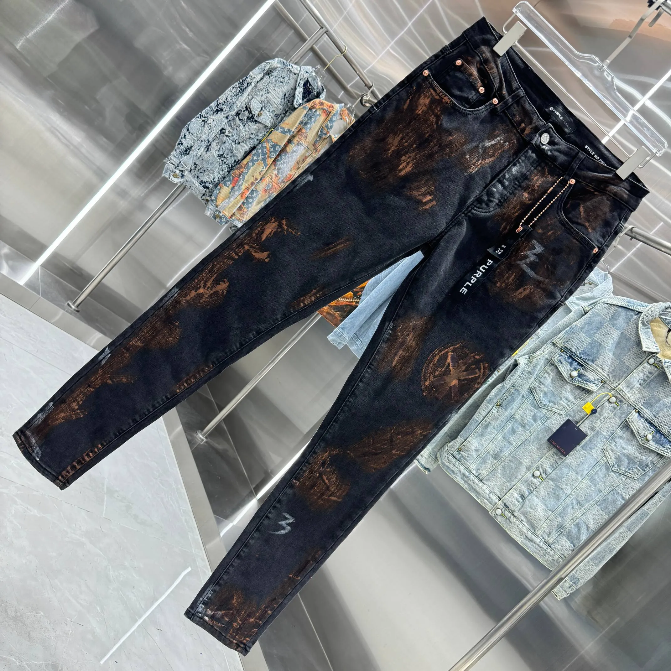 🅿️310 Purple Brand street fashion slim fit stretch jeans with graffiti crafts Color Black Size 30 32 34 36 38