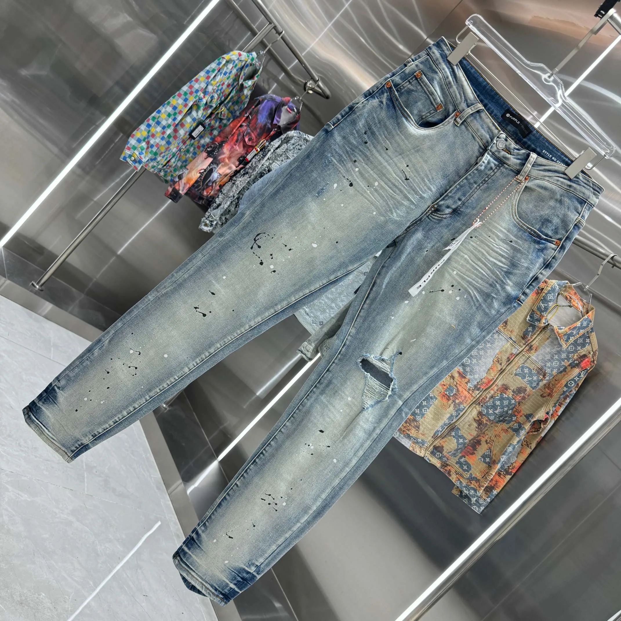 🅿️310 Purple Brand ripped graffiti craft street fashion slim fit stretch jeans color blue code number 30 32 34 36 38