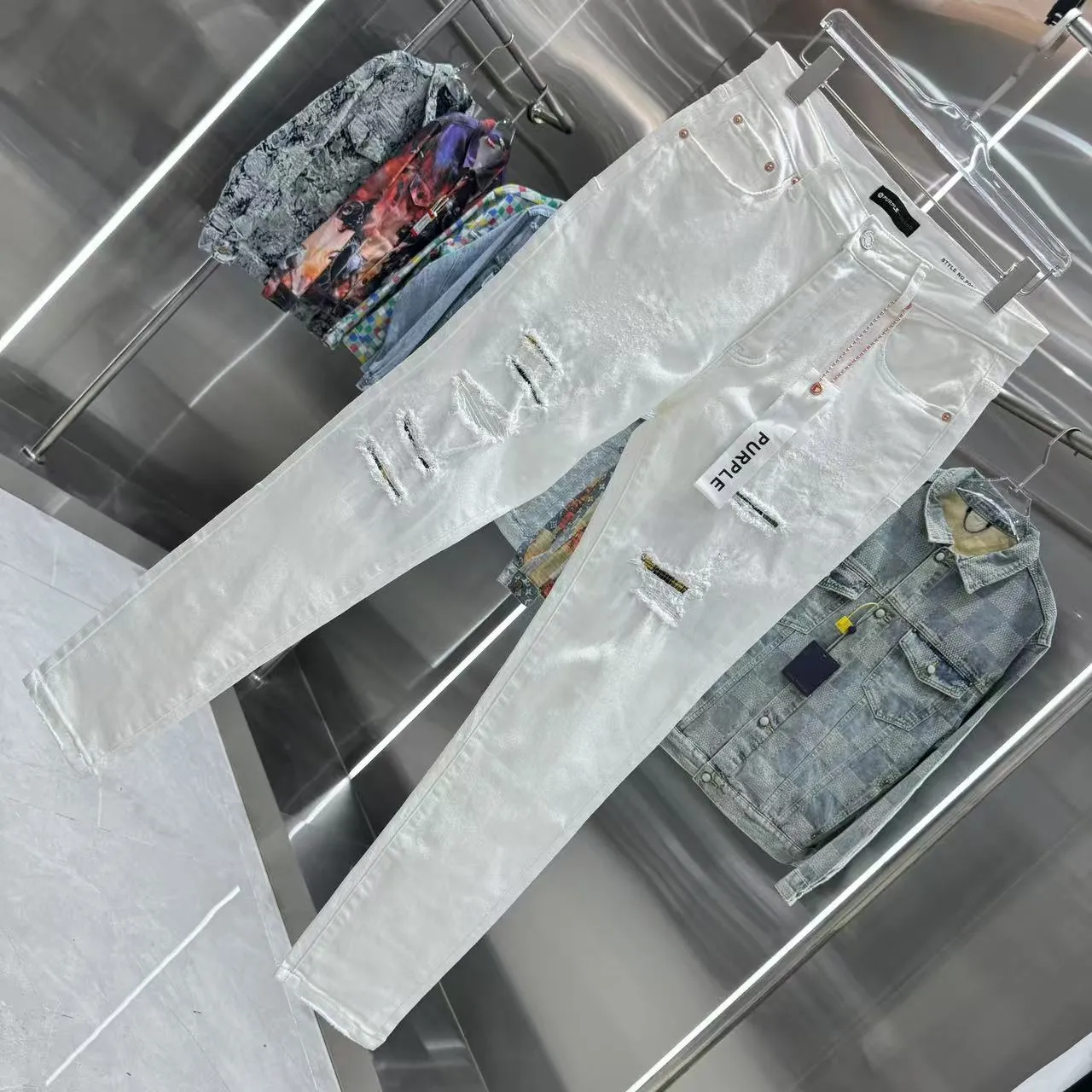 🅿️310 Purple Brand ripped craft street fashion slim fit stretch jeans color white code number 30 32 34 36 38