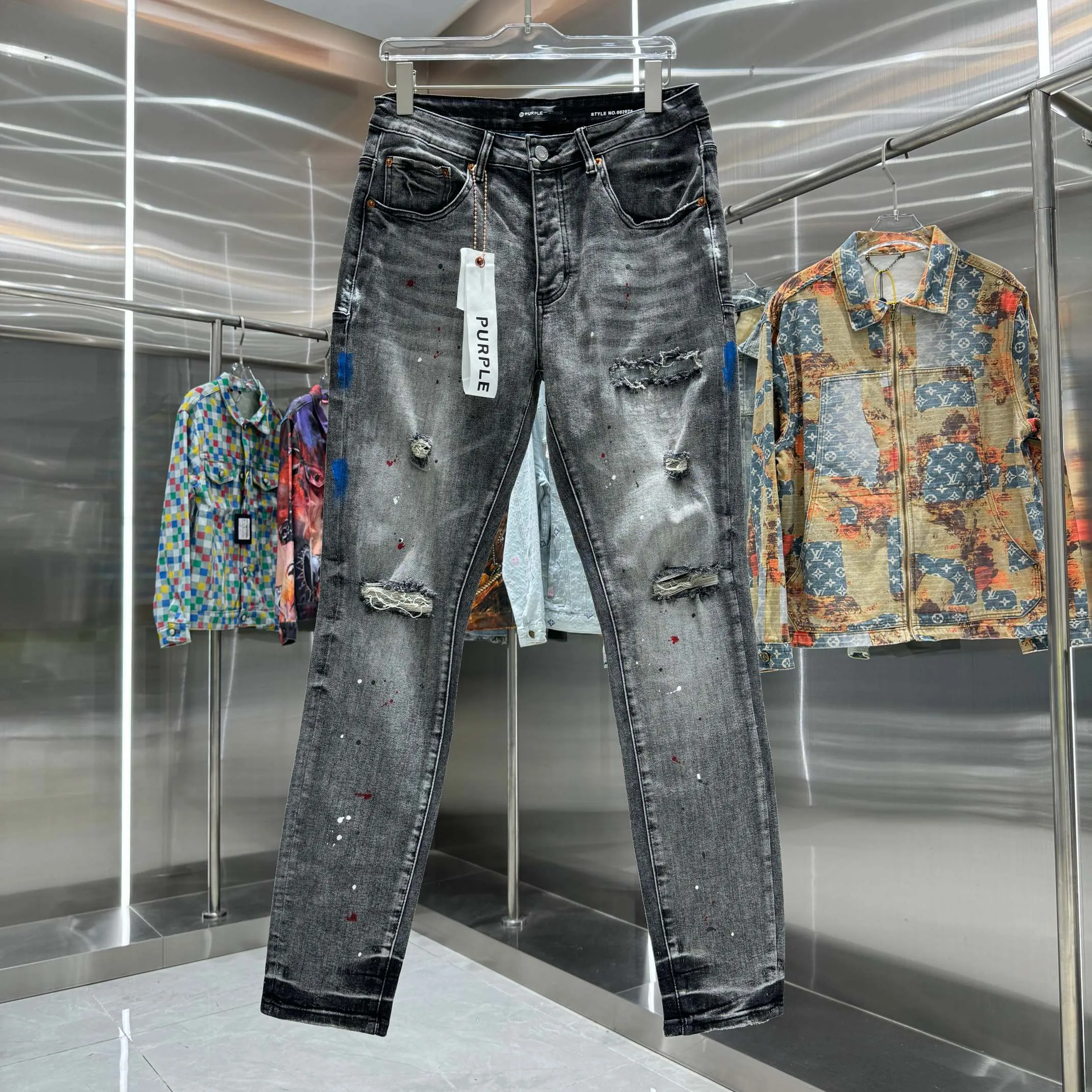 🅿️310 Purple Brand ripped graffiti craft street fashion slim fit stretch jeans Color Dark Gray Size 30 32 34 36 38
