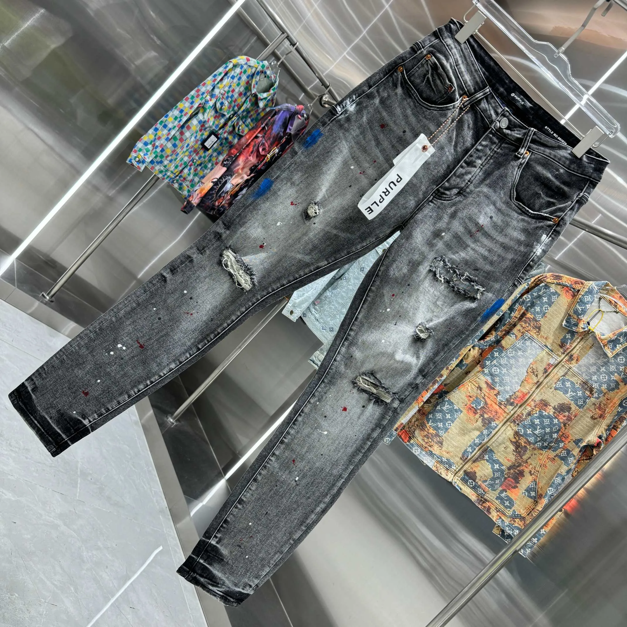 🅿️310 Purple Brand ripped graffiti craft street fashion slim fit stretch jeans Color Dark Gray Size 30 32 34 36 38