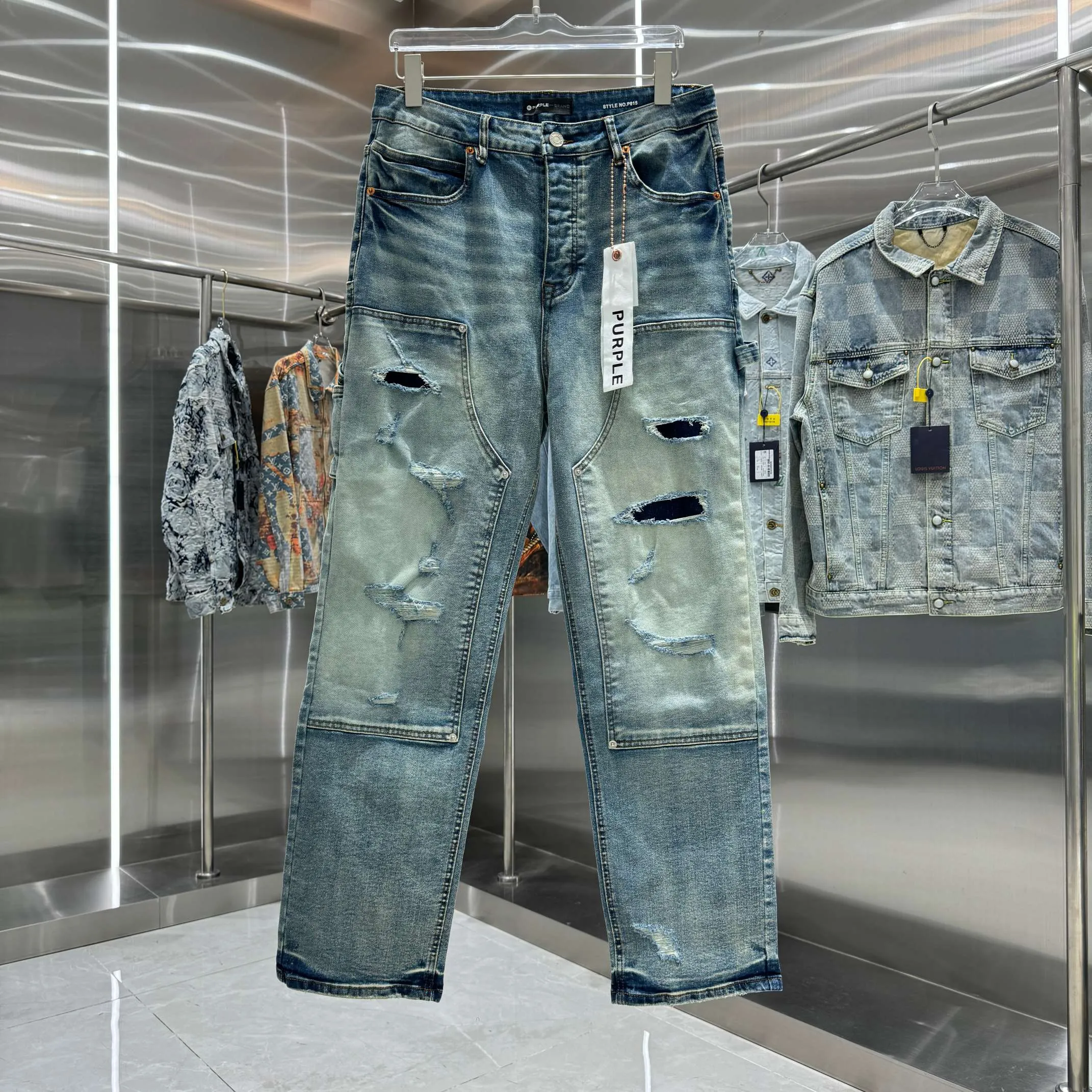 🅿️320 Purple Brand ripped workwear street fashion loose straight jeans Color Blue Size 30 32 34 36 38