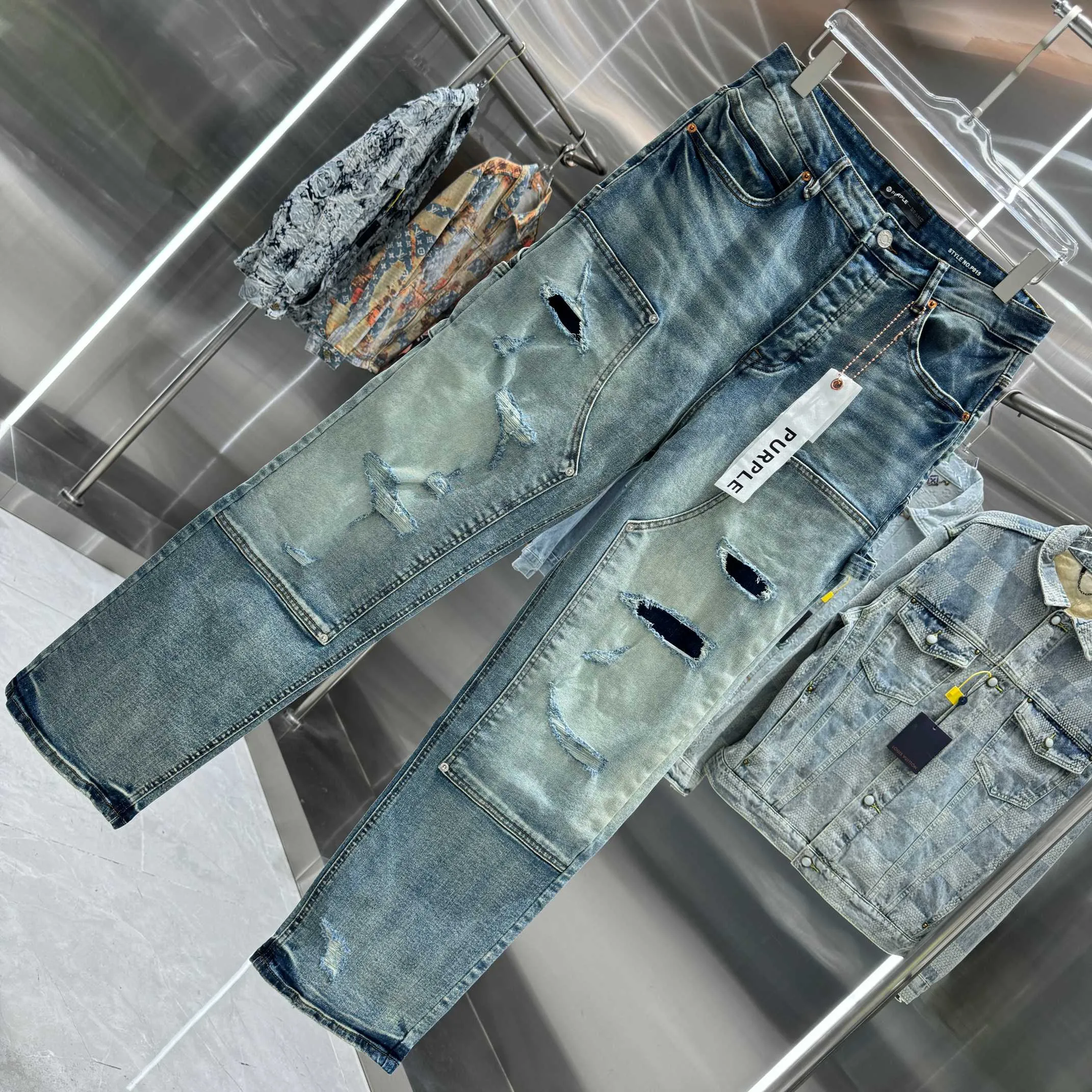 🅿️320 Purple Brand ripped workwear street fashion loose straight jeans Color Blue Size 30 32 34 36 38