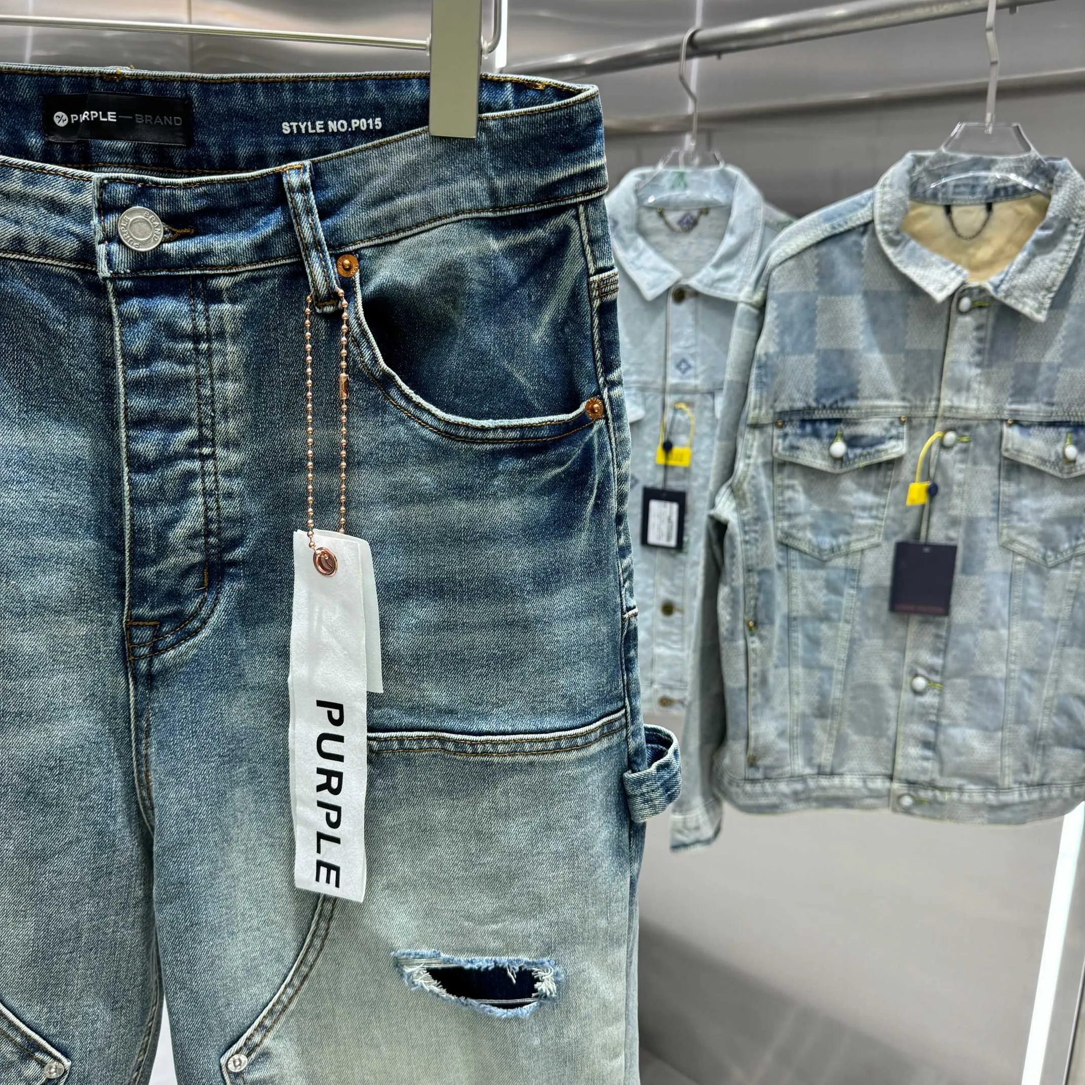 🅿️320 Purple Brand ripped workwear street fashion loose straight jeans Color Blue Size 30 32 34 36 38