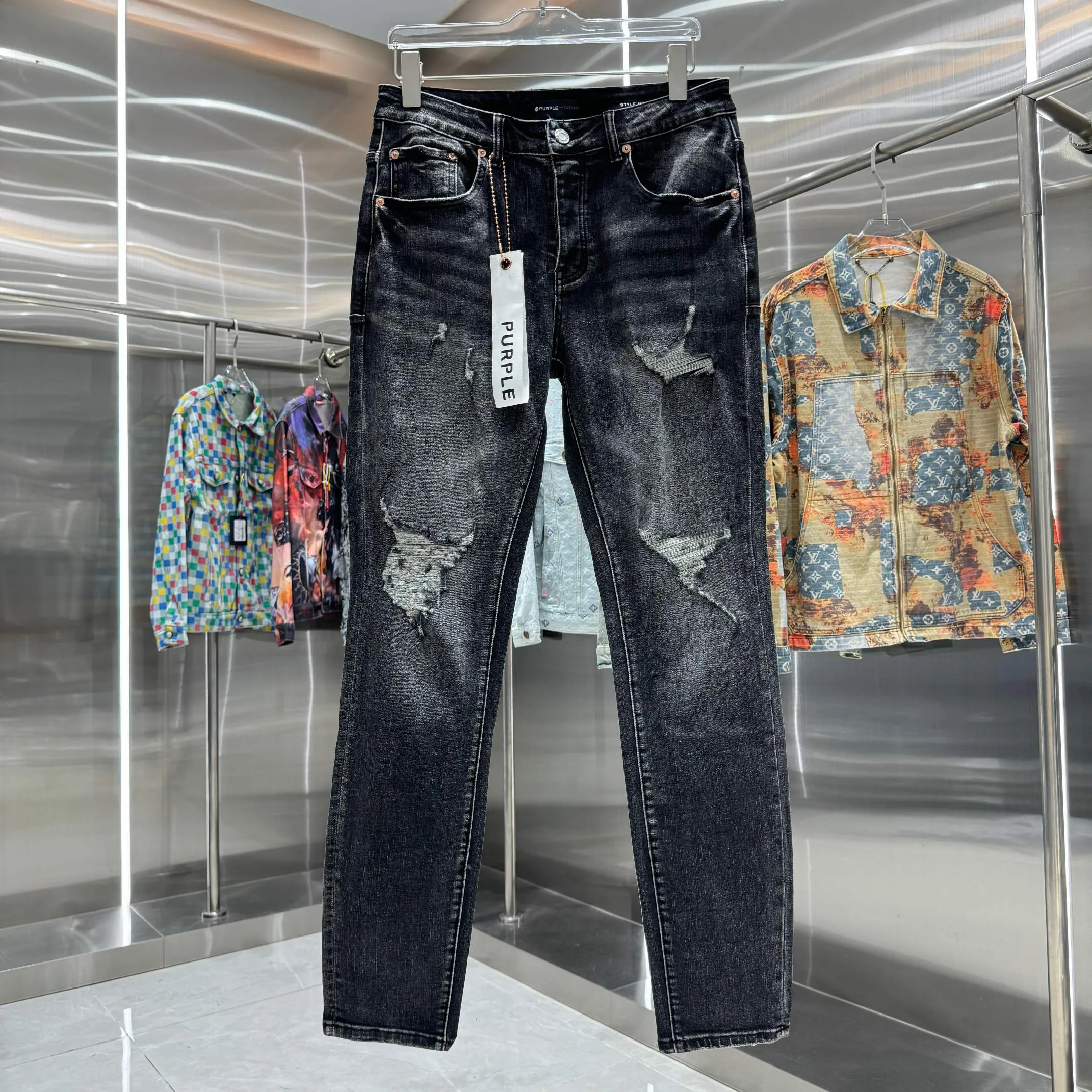 🅿️310 Purple Brand ripped craft street fashion slim fit stretch jeans color black size 30 32 34 36 38