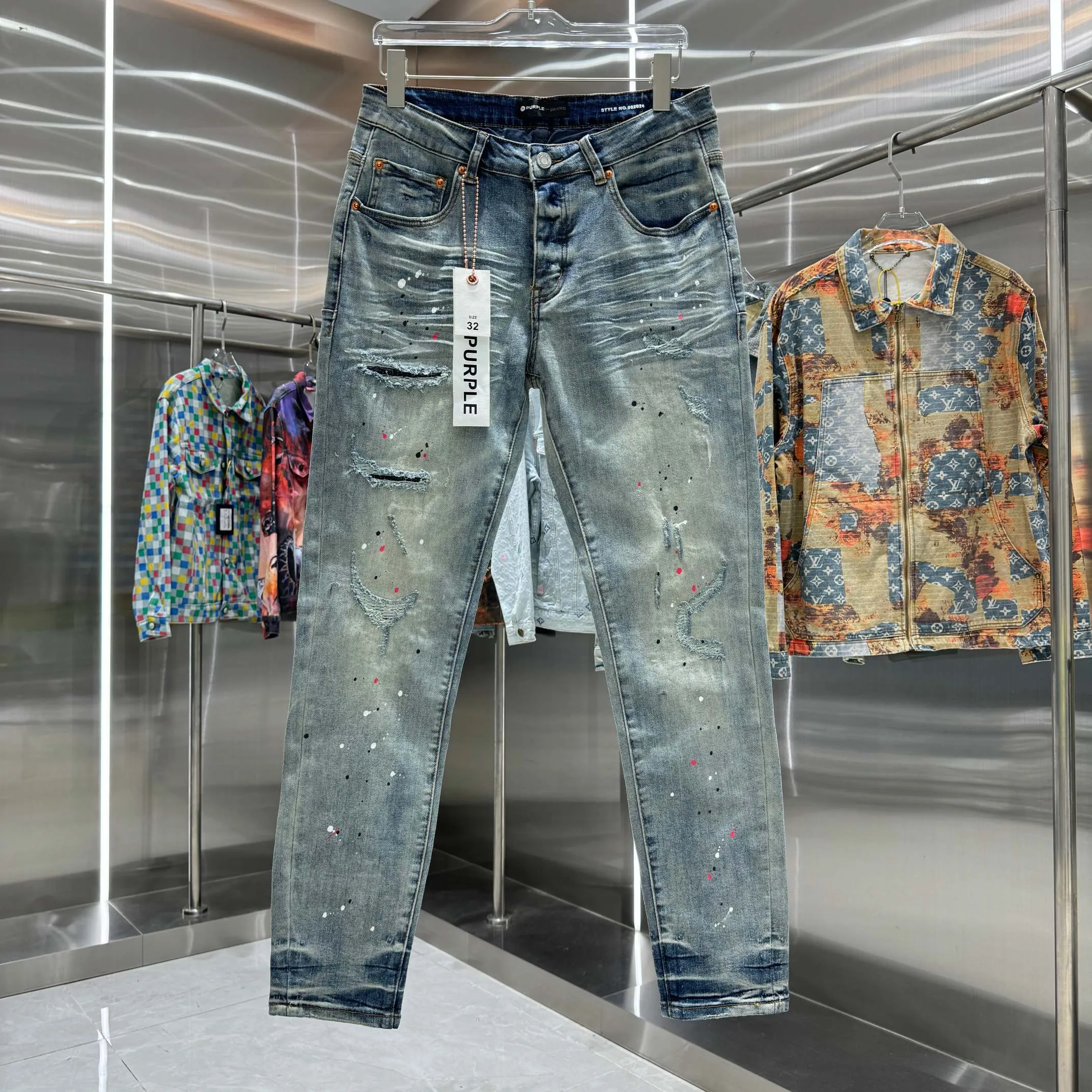 🅿️310 Purple Brand ripped graffiti craft street fashion slim fit stretch jeans color blue code number 30 32 34 36 38