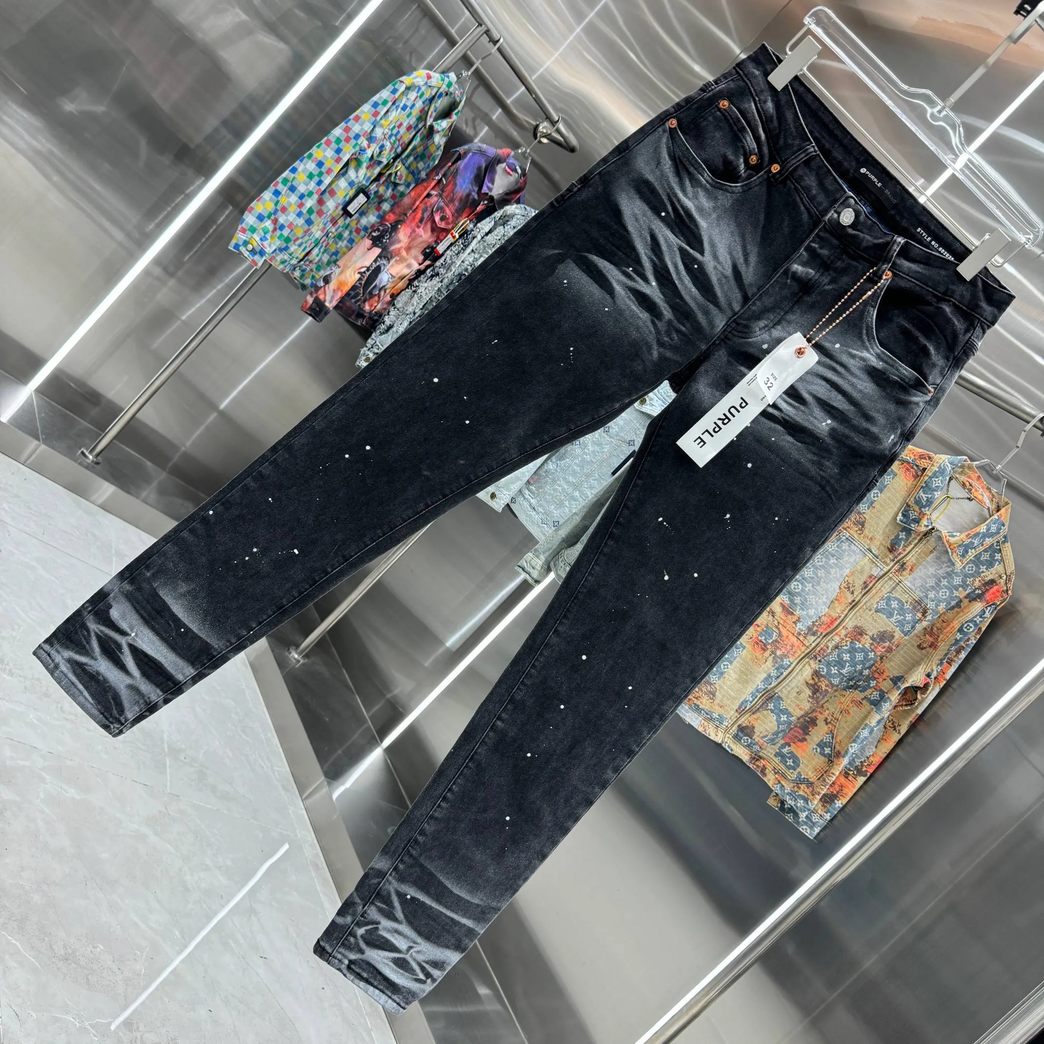 🅿️310 Purple Brand washed graffiti craft street fashion slim fit stretch jeans Color Black Size 30 32 34 36 38